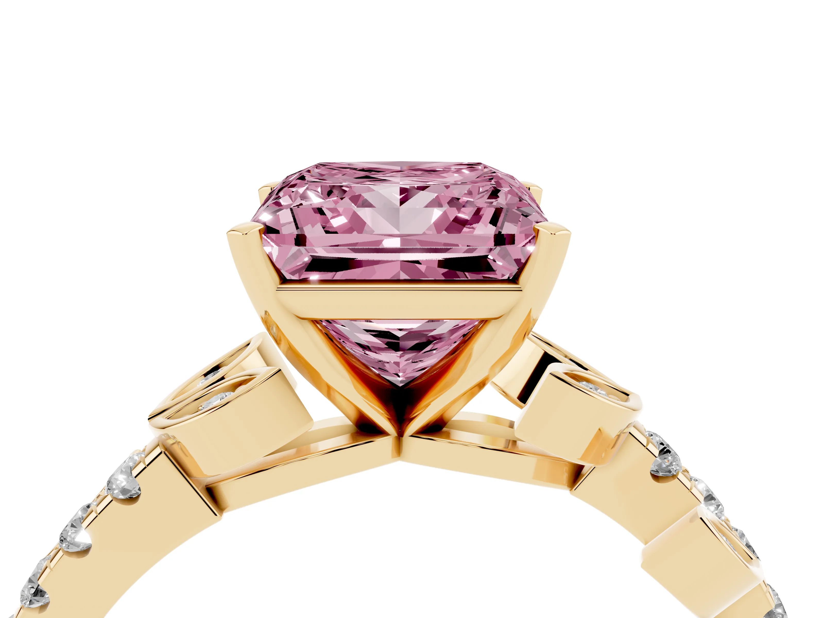 Fancy Pink Princess Cut Diamond Solitaire Leaf-Inspired Ring Set in Yellow gold with Pavé Band and Prong Setting