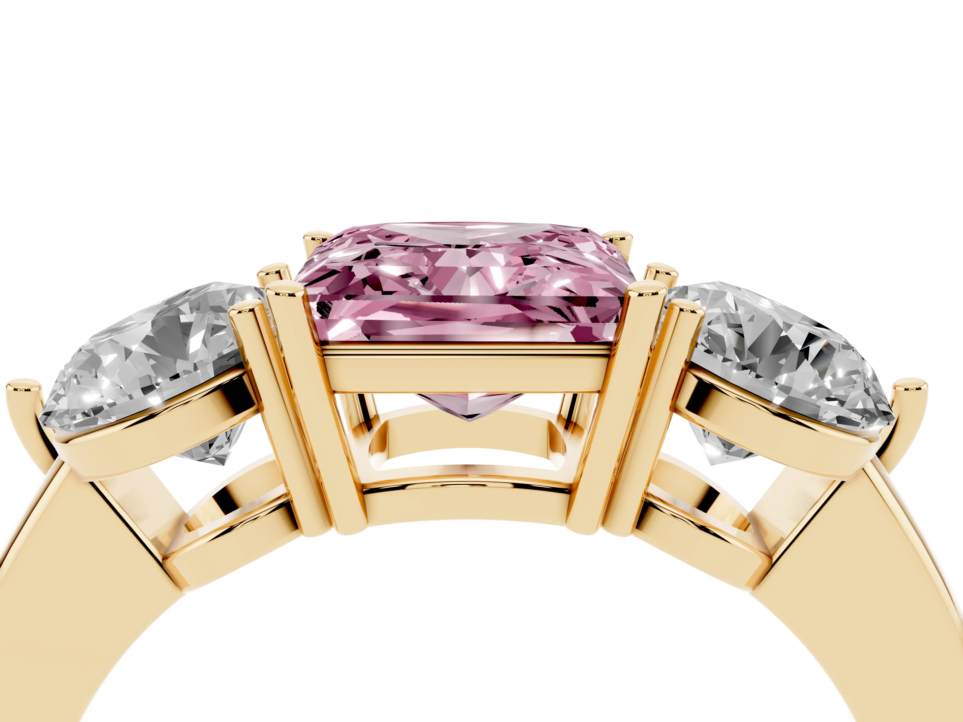 Fancy Pink Princess Cut Diamond Three-Stone Ring Set in Yellow gold with Prong Setting and Plain Band