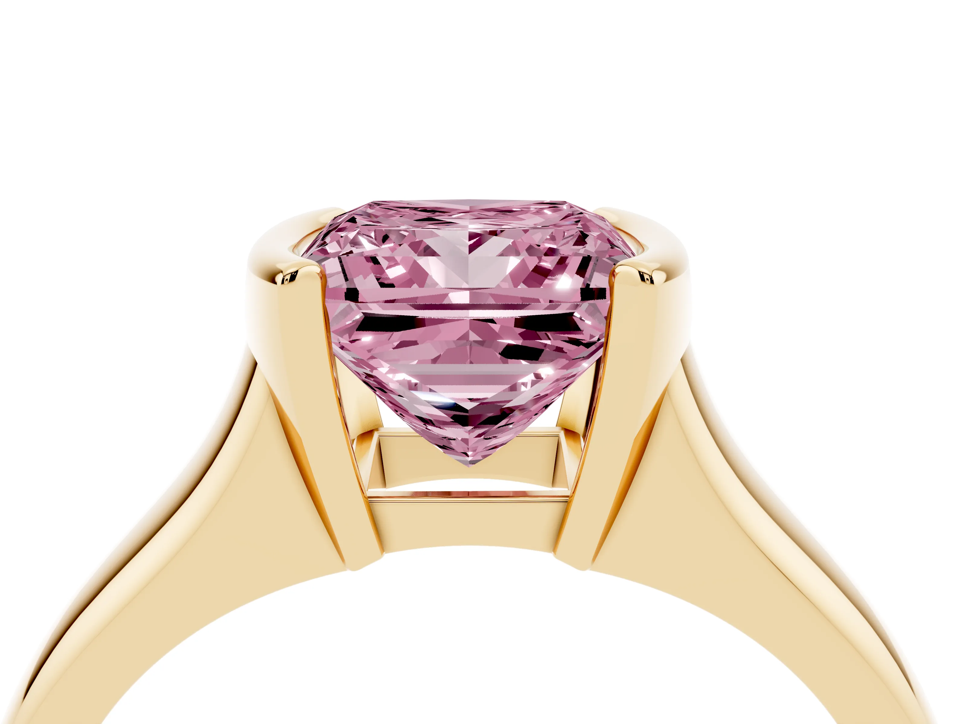 Fancy Pink Princess Cut Diamond Solitaire Tension Set Ring Set in Yellow gold with Split Shank Band