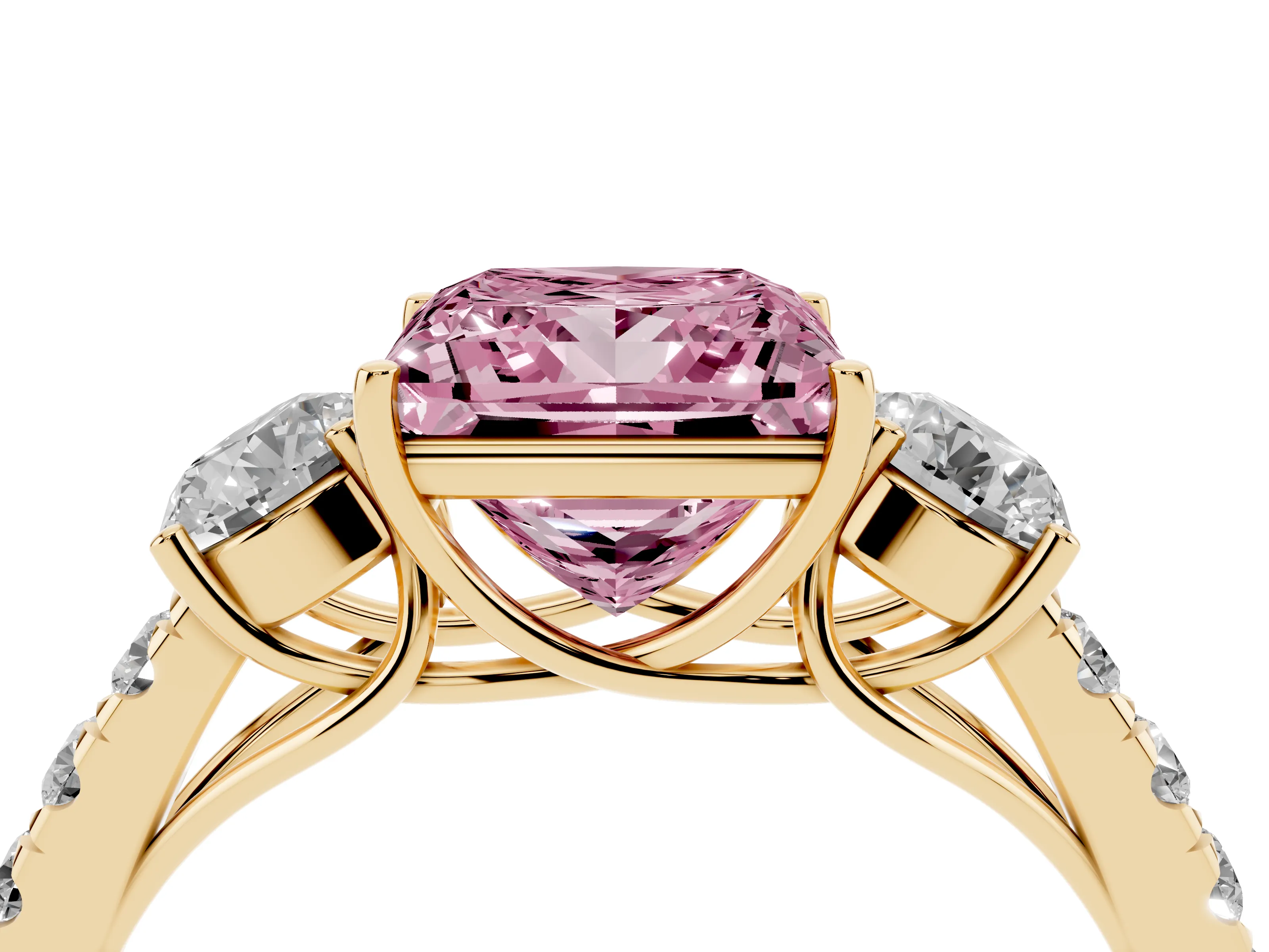 Fancy Pink Princess Cut Diamond Three-Stone Ring Set in Yellow gold with Round Side Stones and Delicate Pavé Band