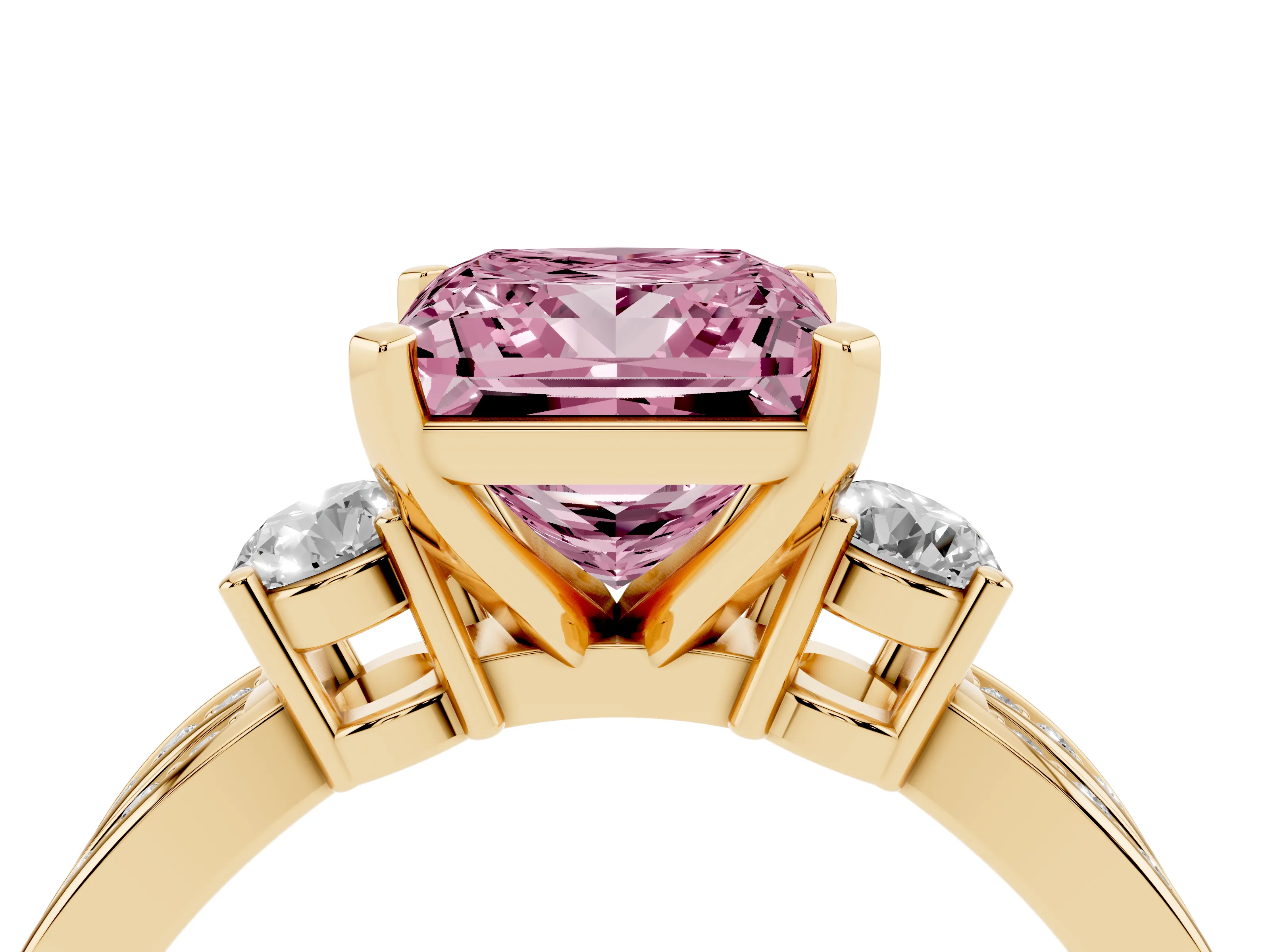 Fancy Pink Three-Stone Princess Cut Diamond Twist Band Ring Set in Yellow gold with Pavé Accents and Prong Setting