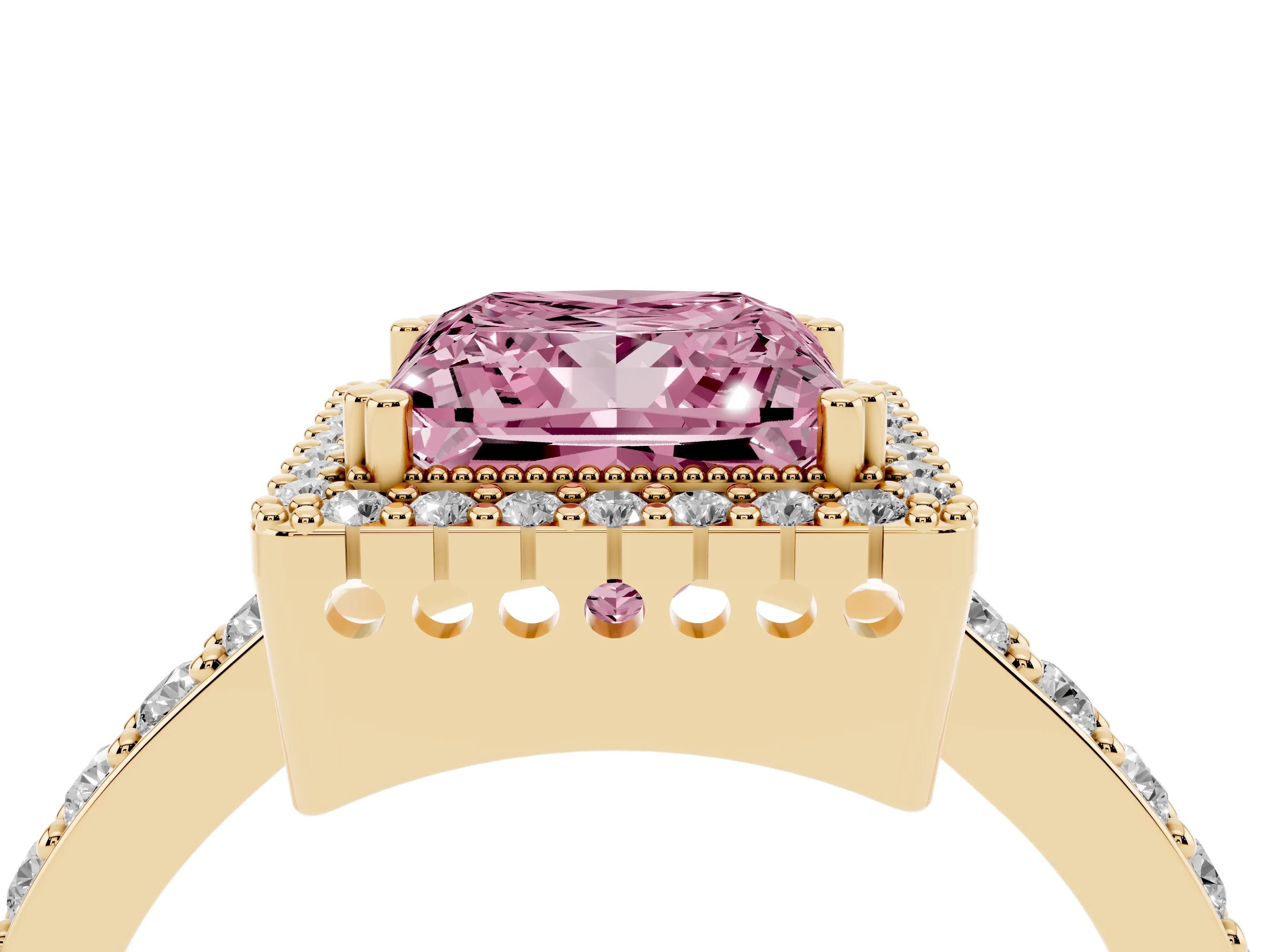 Fancy Pink Princess Cut Diamond Halo Engagement Ring Set in Yellow gold with Milgrain Detail and Pavé Band
