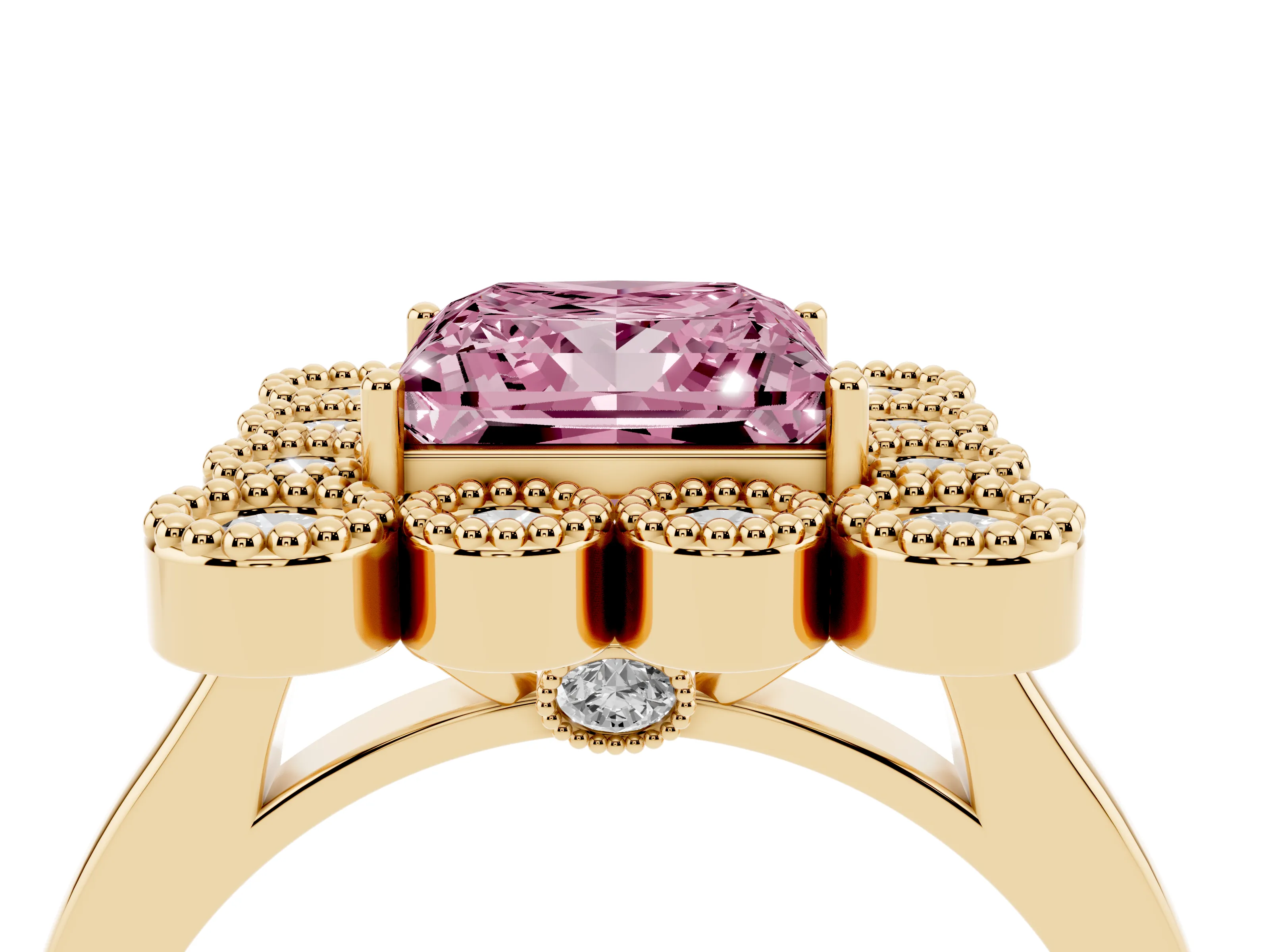 Fancy Pink Princess Cut Diamond Cluster Halo Ring Set in Yellow gold with Milgrain Bezel Accents and Plain Band