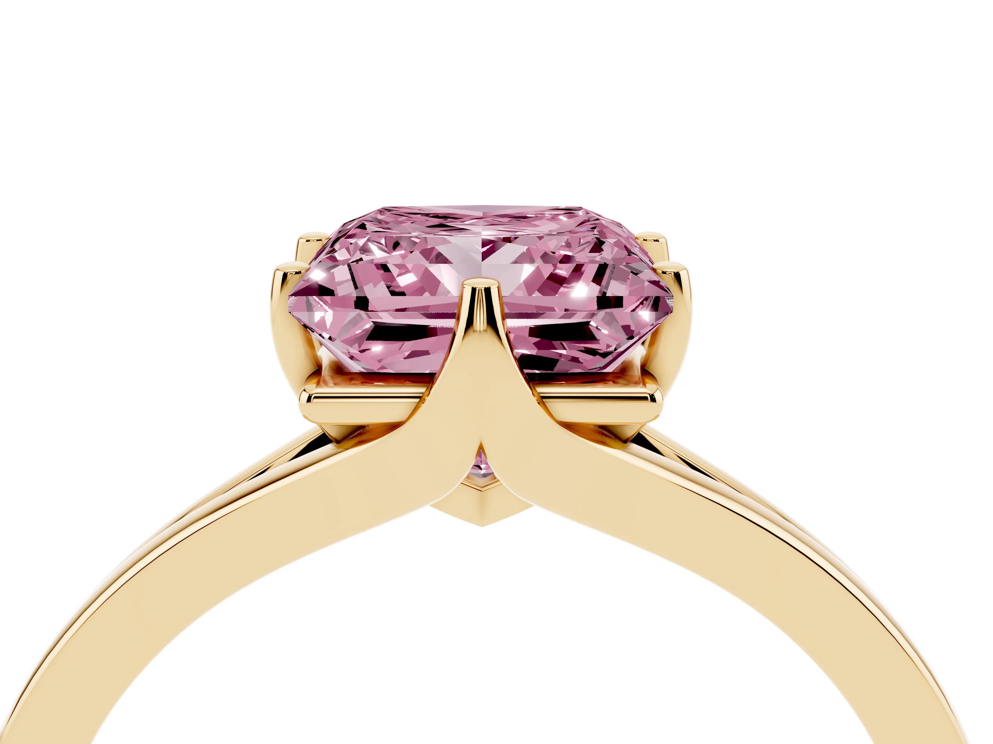 Fancy Pink Princess Cut Diamond Solitaire Ring Set in Yellow gold with Polished Tapered Band and Prong Setting