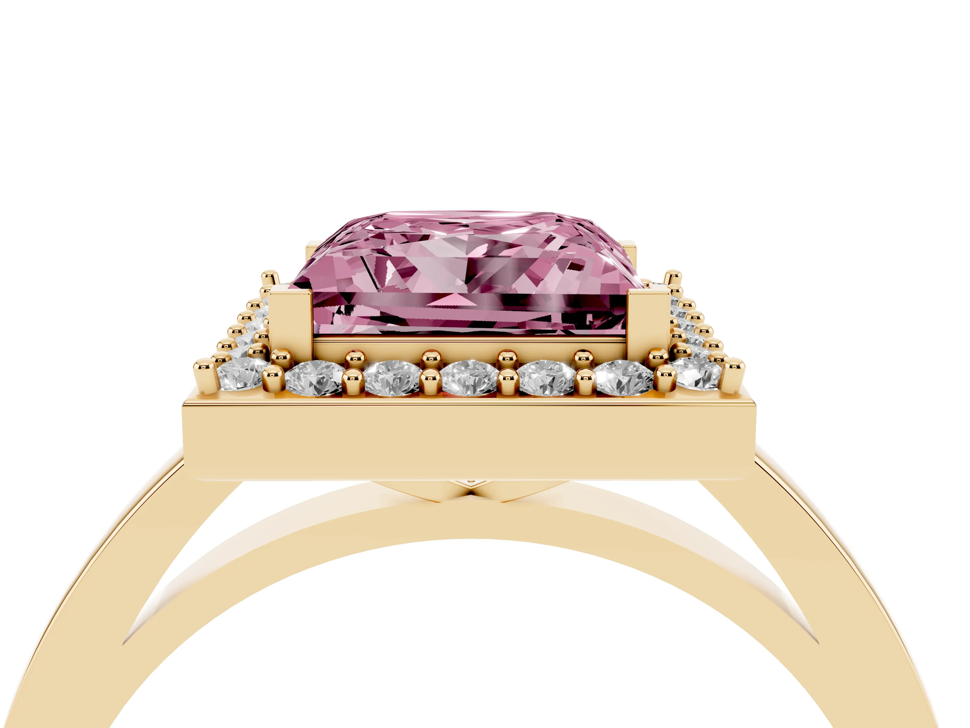Fancy Pink Princess Cut Diamond Halo Ring Set in Yellow gold with Solitaire Band and Prong Setting