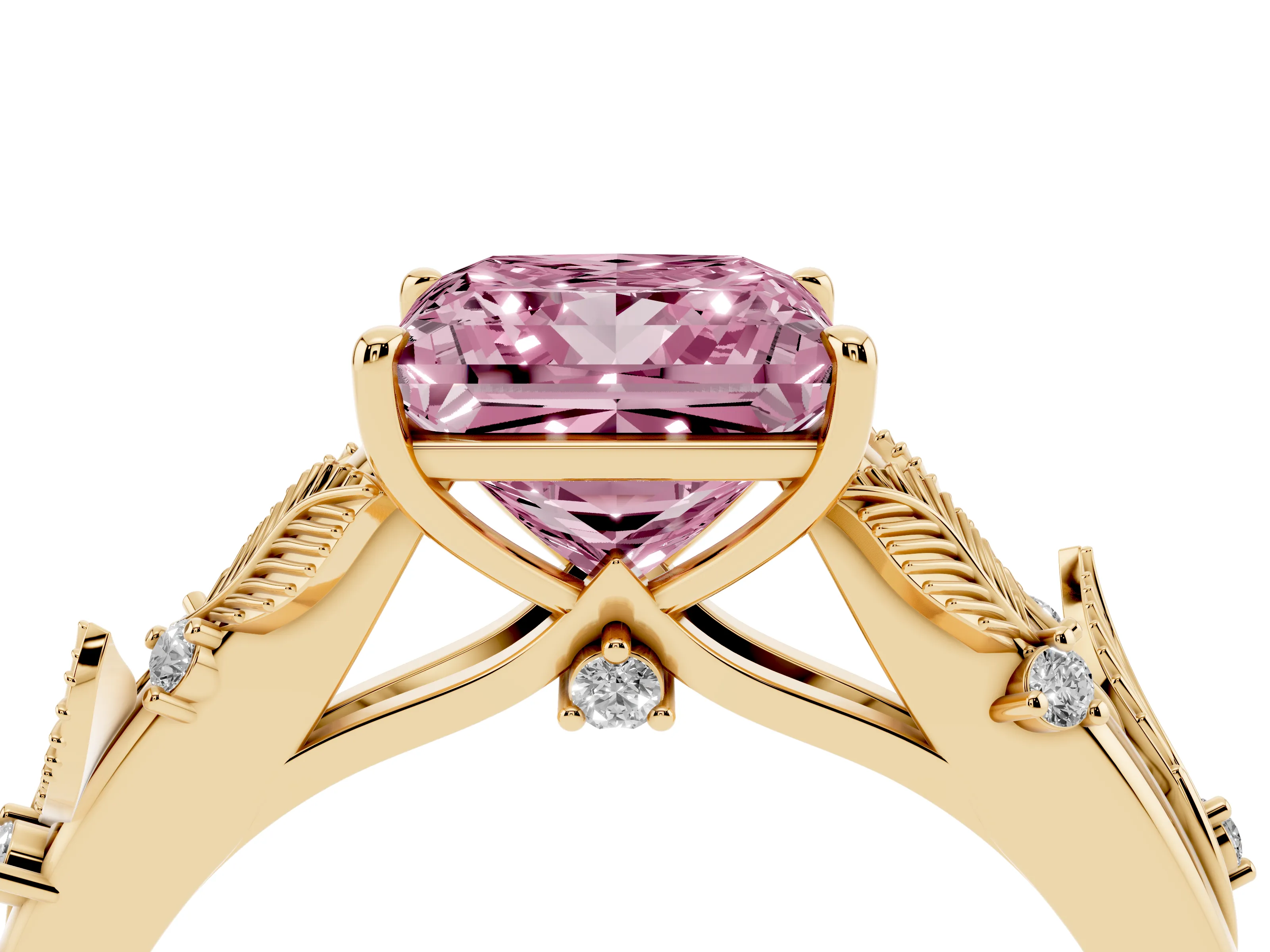 Fancy Pink Princess Cut Diamond Solitaire Ring Set in Yellow gold with Leaf Motif Band