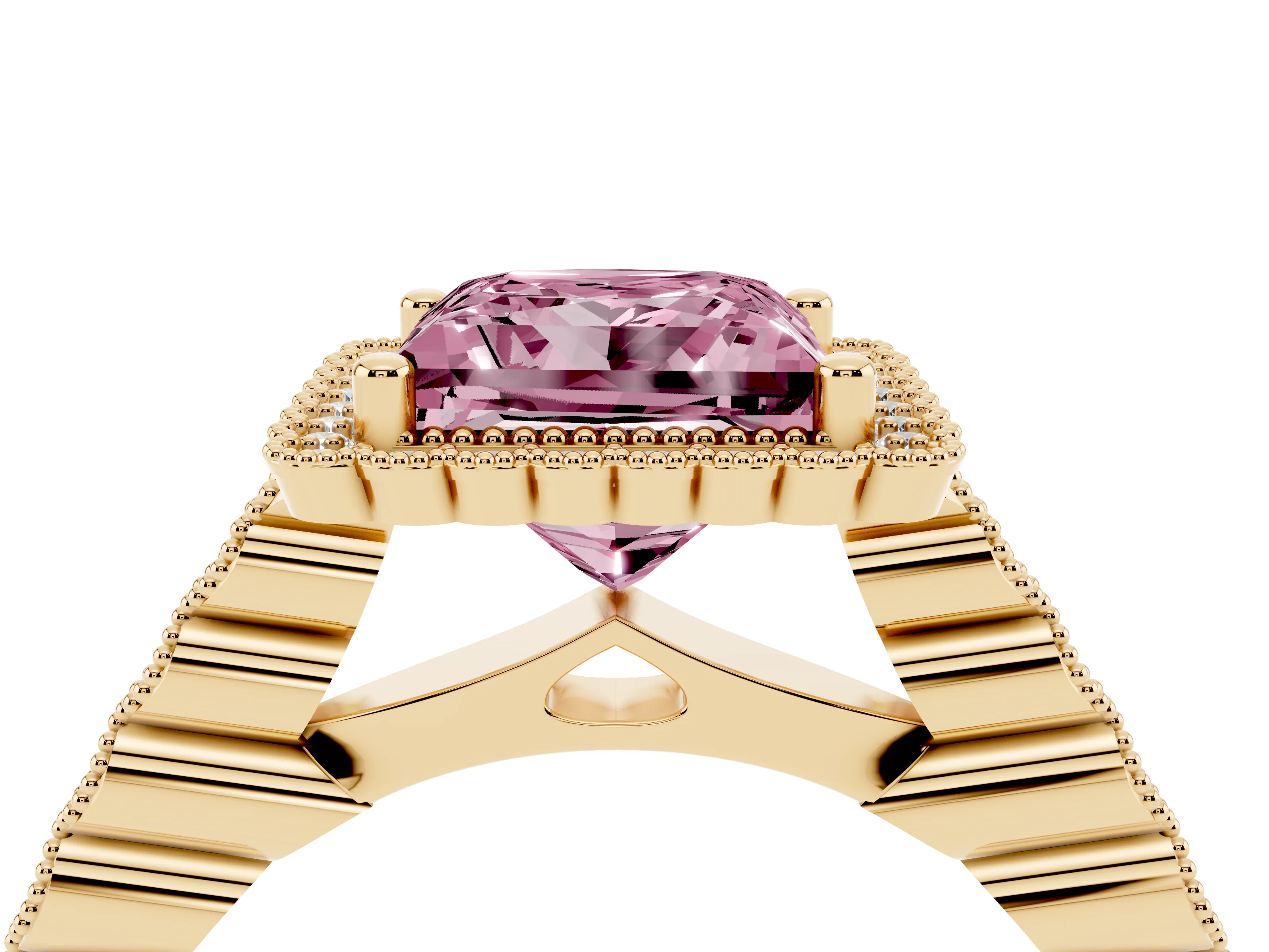 Fancy Pink Princess Cut Diamond Halo Ring Set in Yellow gold with Pavé Milgrain Band