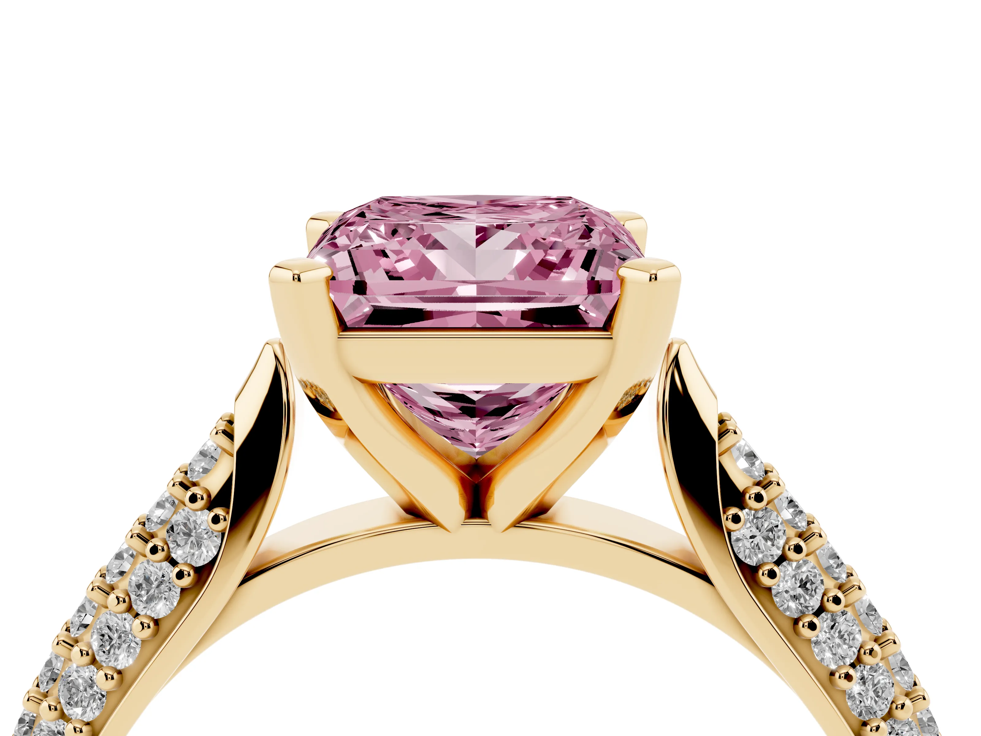 Fancy Pink Princess Cut Diamond Solitaire Engagement Ring Set in Yellow gold with Multi-Row Round Pavé Band and Prong Setting