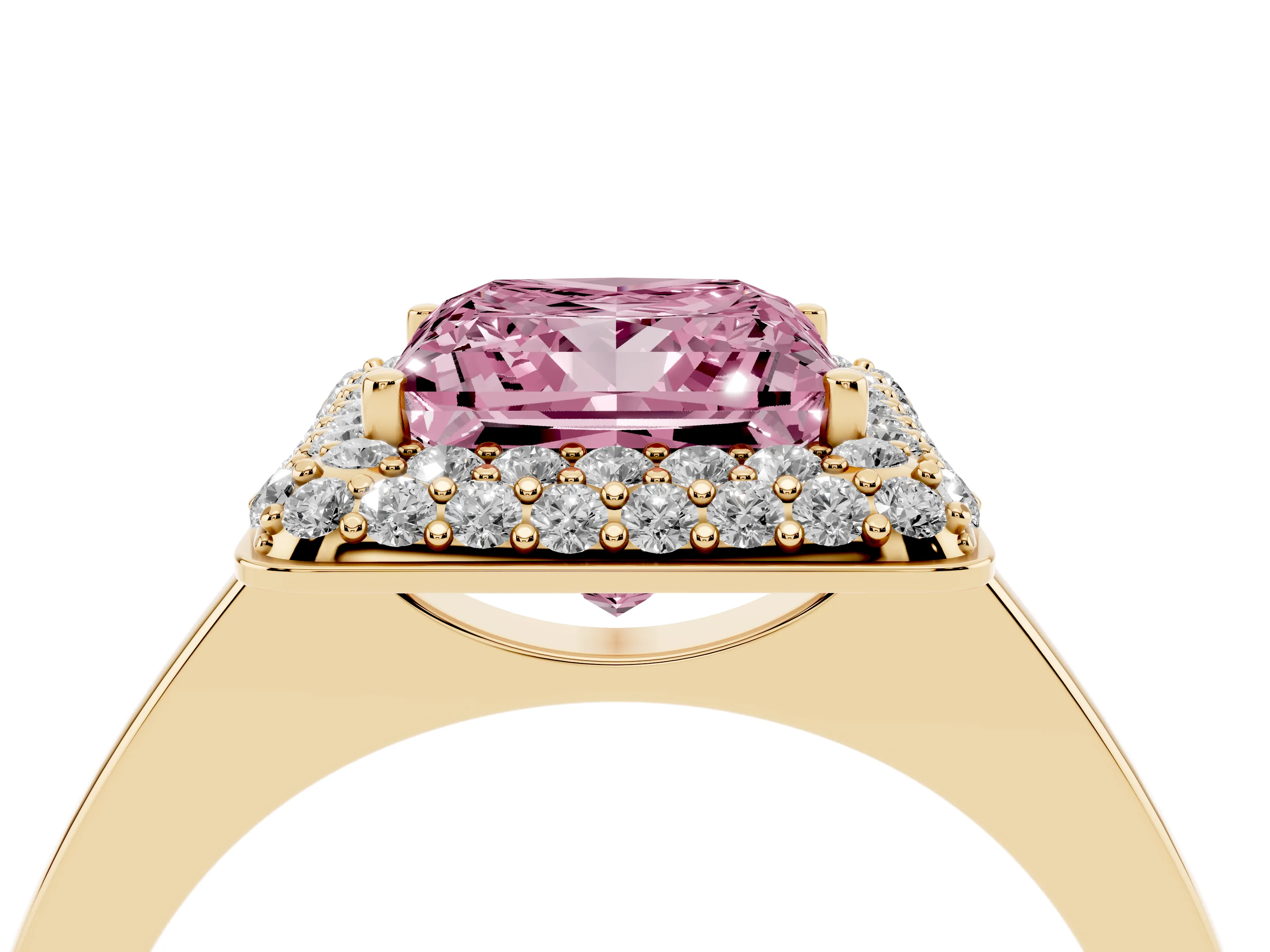 Fancy Pink Princess Cut Diamond Halo Engagement Ring Set in Yellow gold with Solitaire Band and Prong Setting