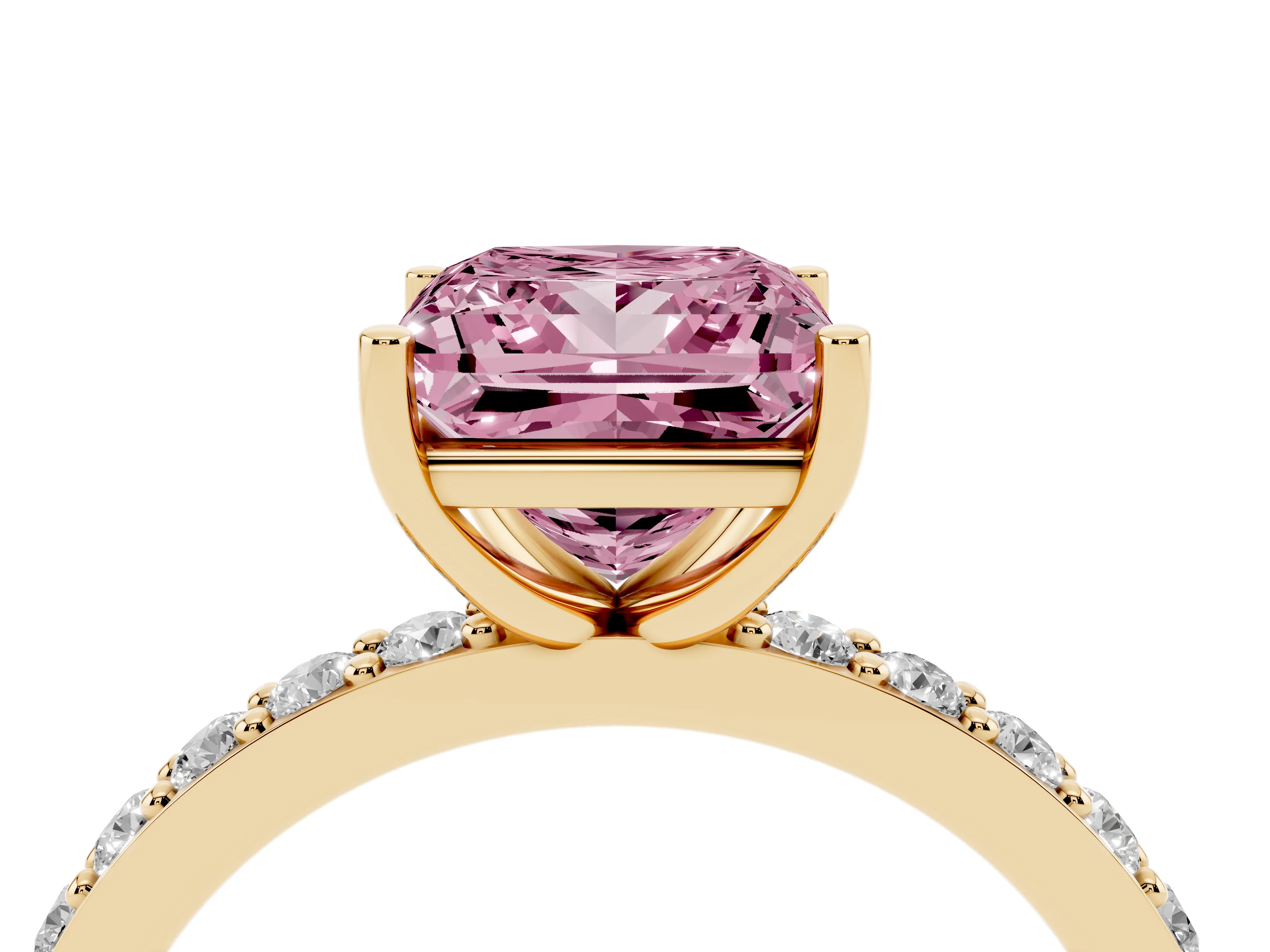 Fancy Pink Princess Cut Diamond Solitaire Set in Yellow gold with Round Pavé Band and Prong Setting