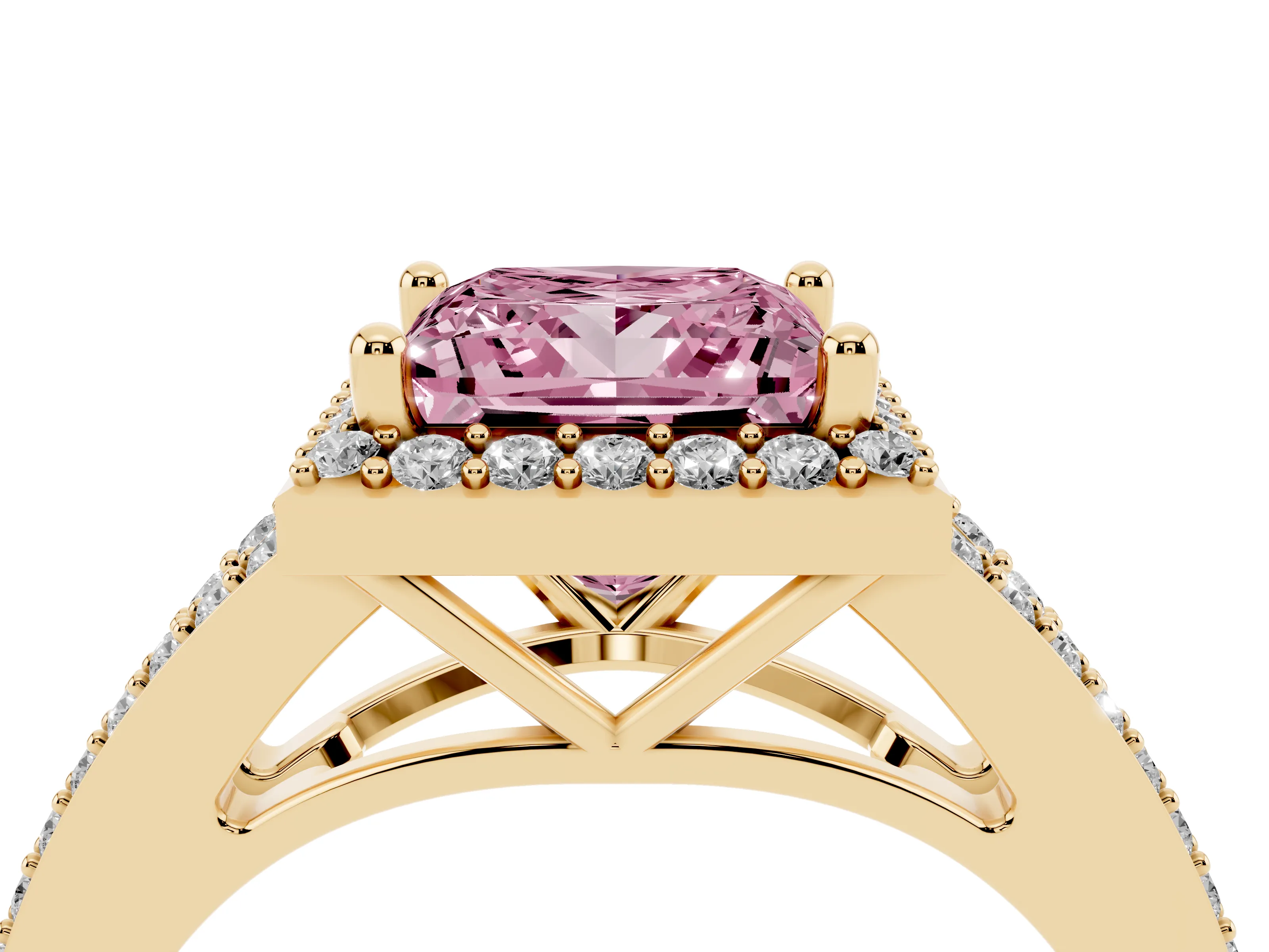 Fancy Pink Princess Cut Diamond Halo Split Shank Pavé Ring Set in Yellow gold with Prong Setting