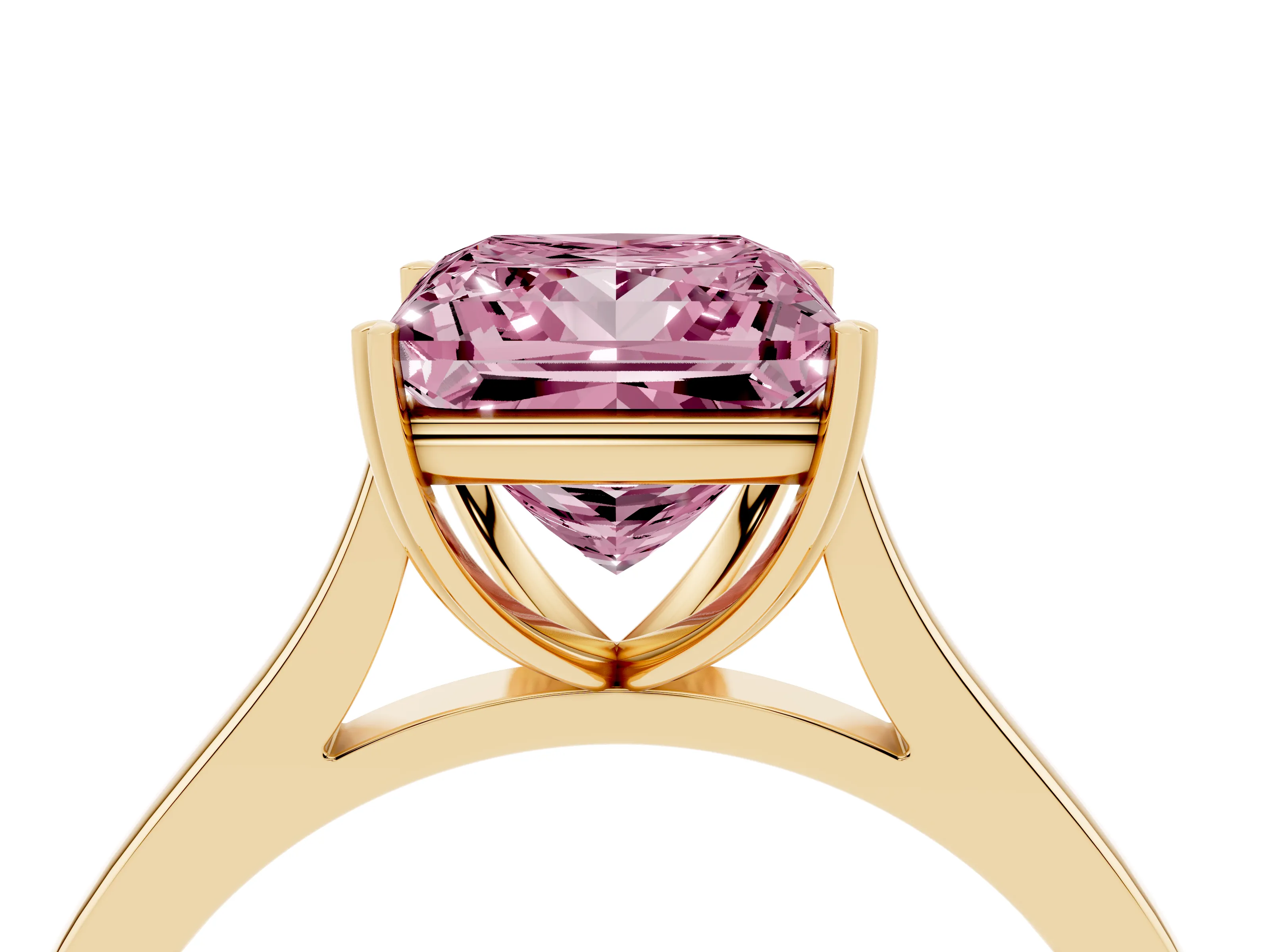 Fancy Pink Princess Cut Diamond Solitaire Heart Prong Engagement Ring Set in Yellow gold with Tapered Band
