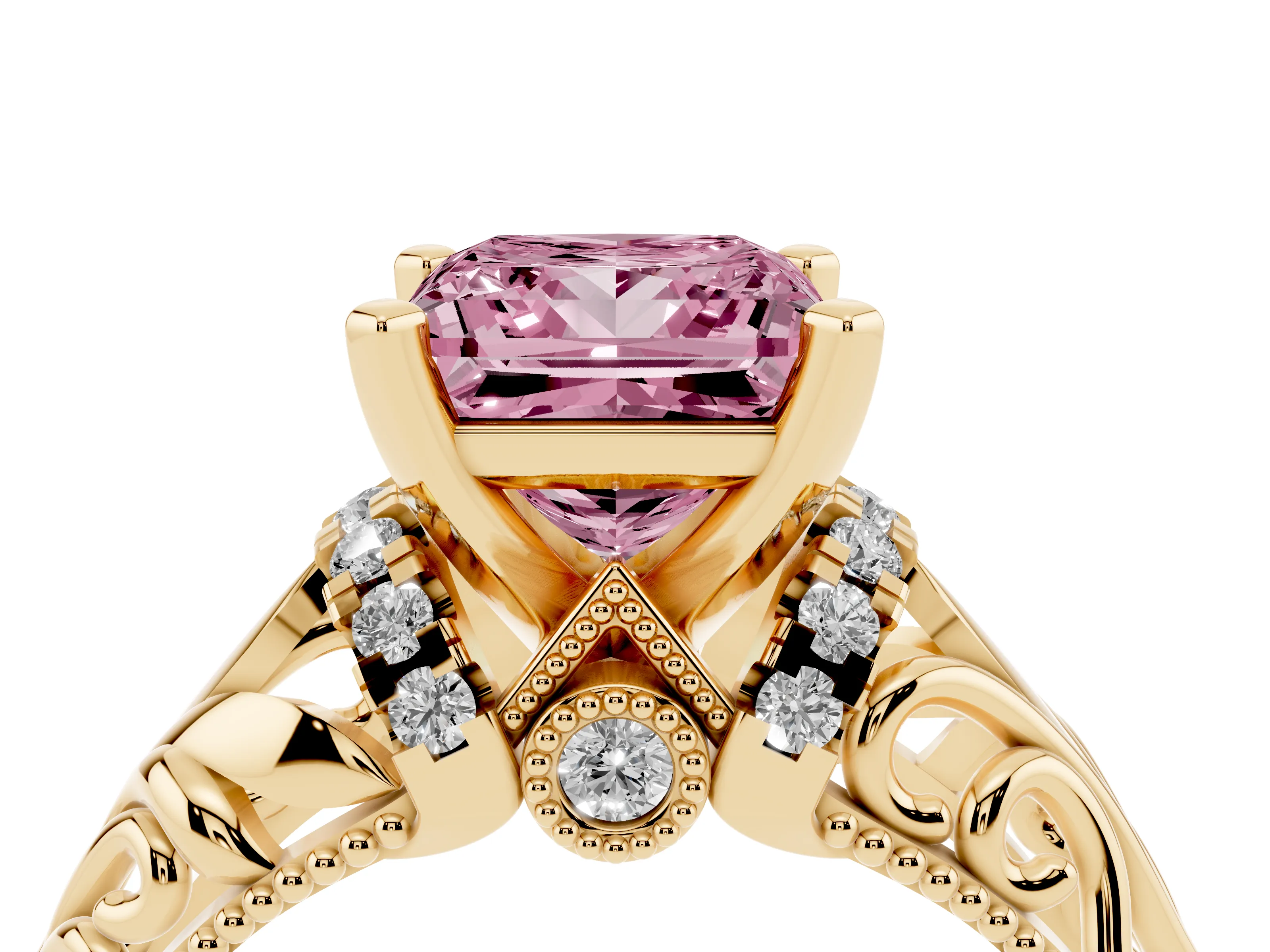 Fancy Pink Princess Cut Diamond Filigree Halo Engagement Ring Set in Yellow gold with Prong Setting