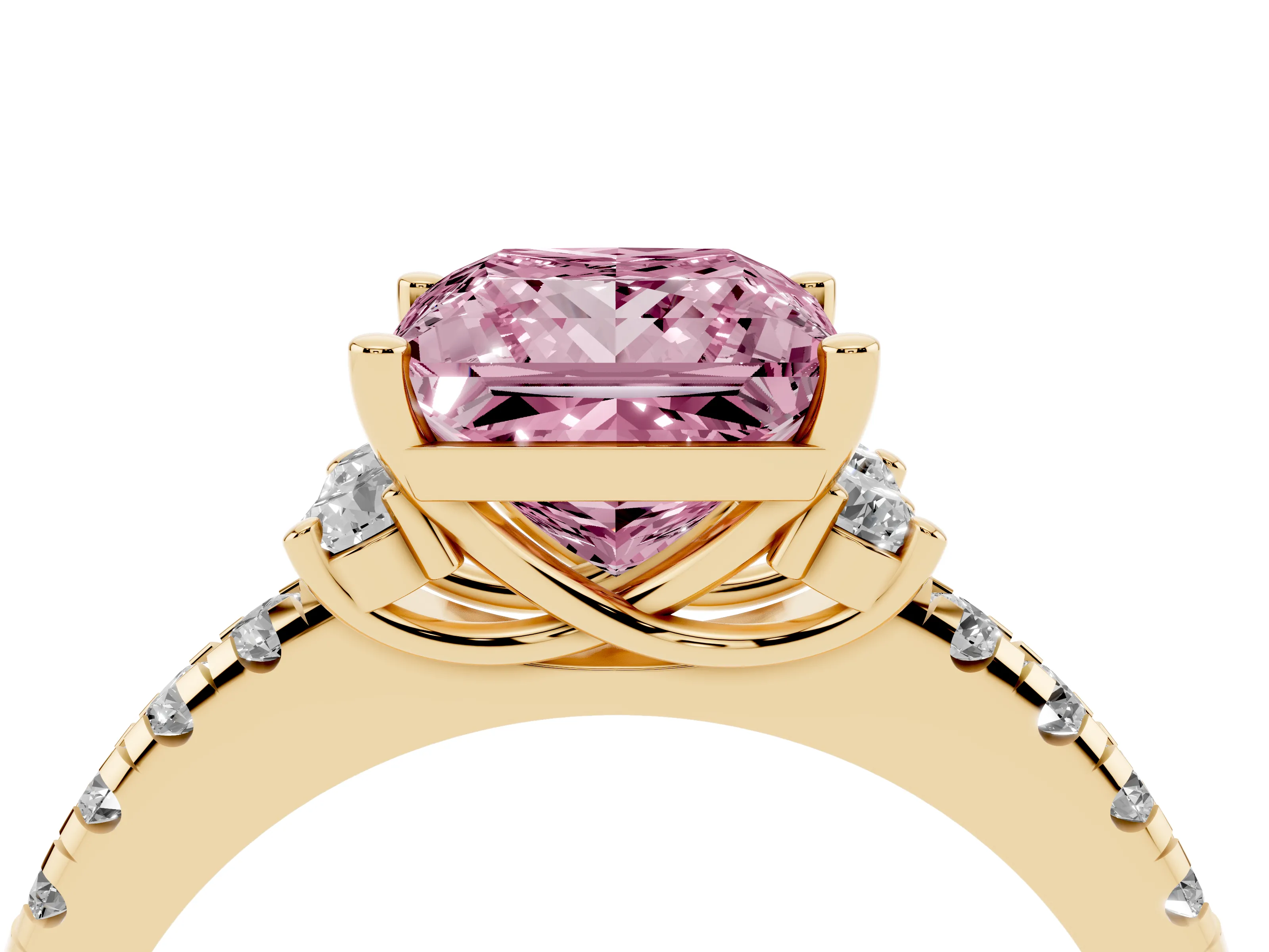 Fancy Pink Princess Cut Diamond Three-Stone Pavé Ring Set in Yellow gold with Prong Setting