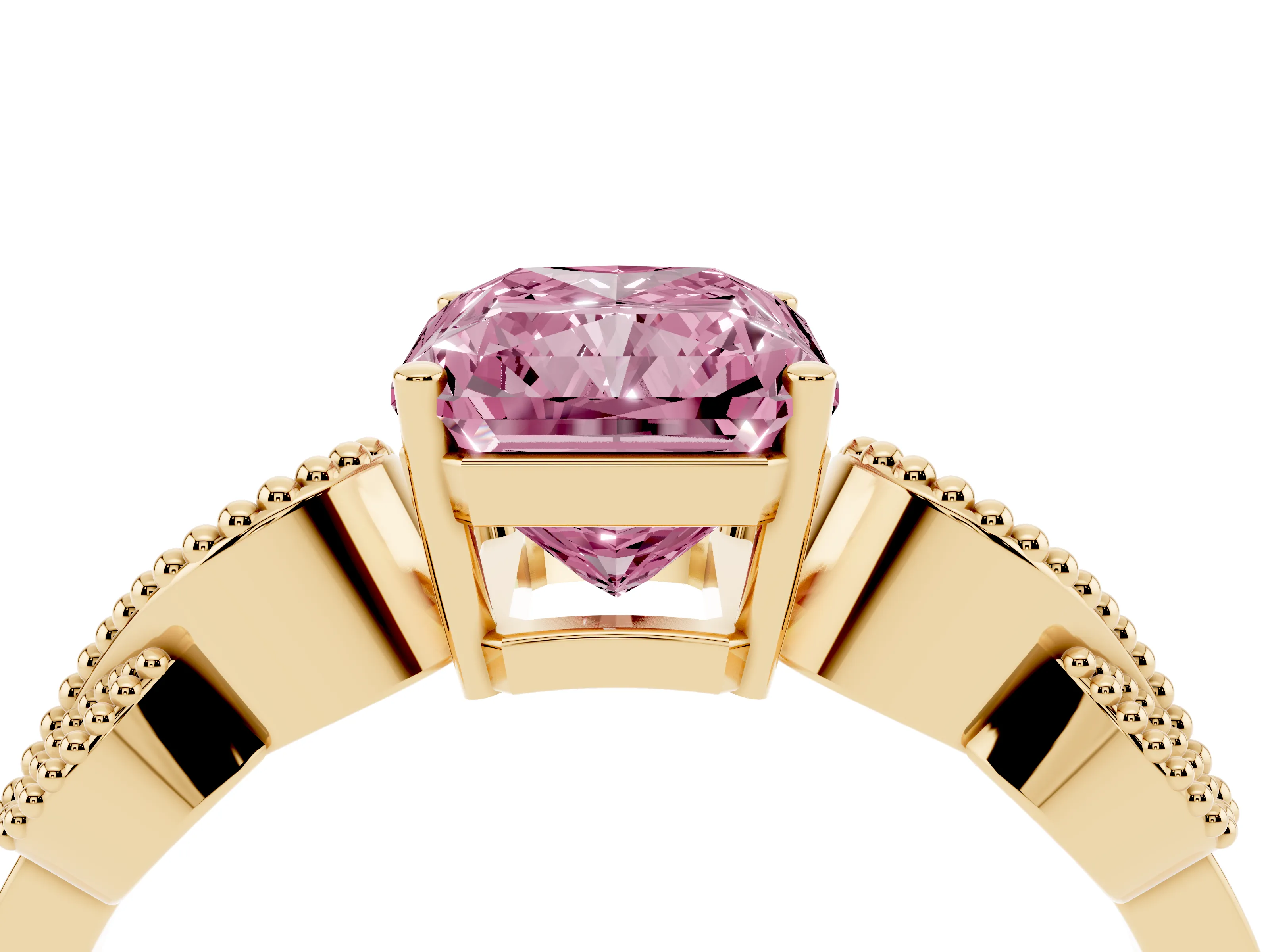 Fancy Pink Princess Cut Diamond Milgrain Leaf Band Solitaire Ring Set in Yellow gold with Accent Stones and Prong Setting
