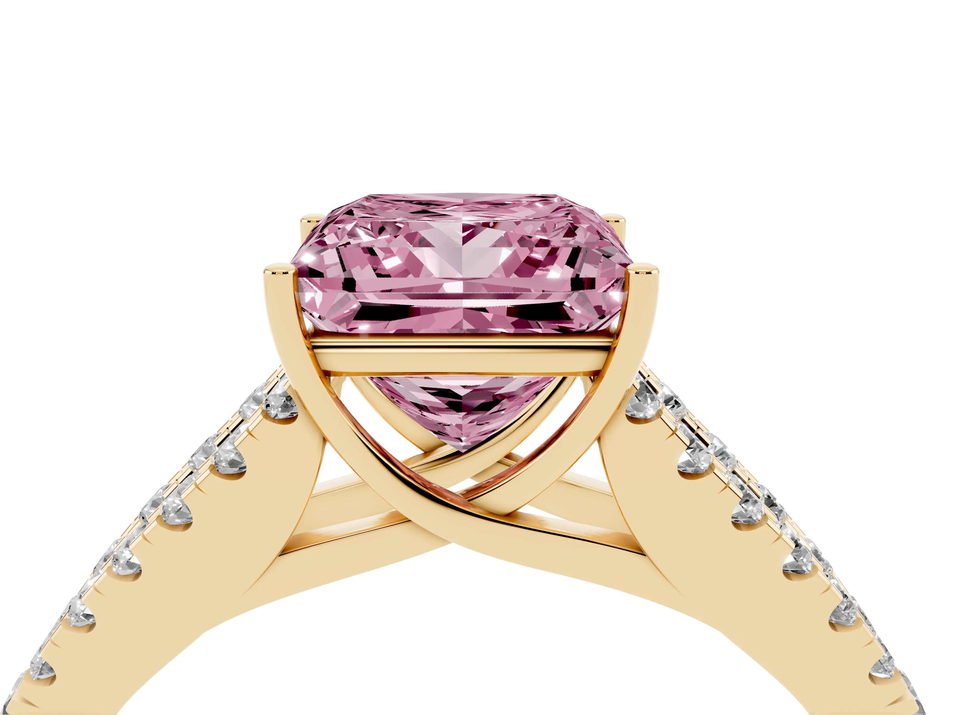Fancy Pink Princess Cut Diamond Split Shank Pavé Engagement Ring Set in Yellow gold with Prong-Held Center Stone