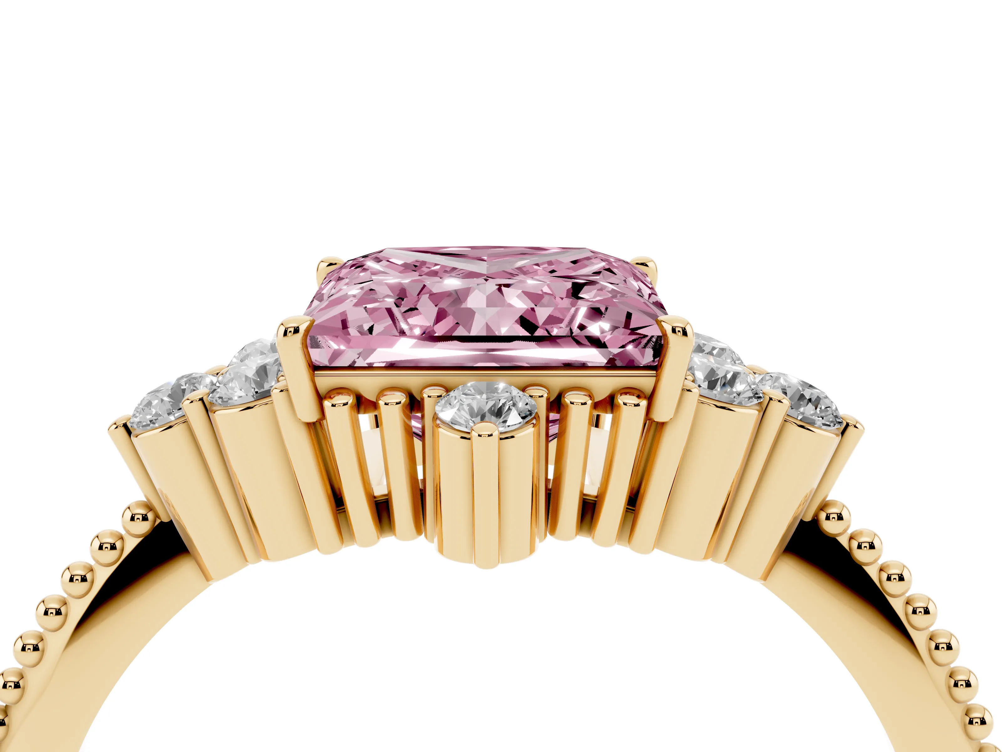 Fancy Pink Princess Cut Diamond Cluster Ring Set in Yellow gold with Beaded Band