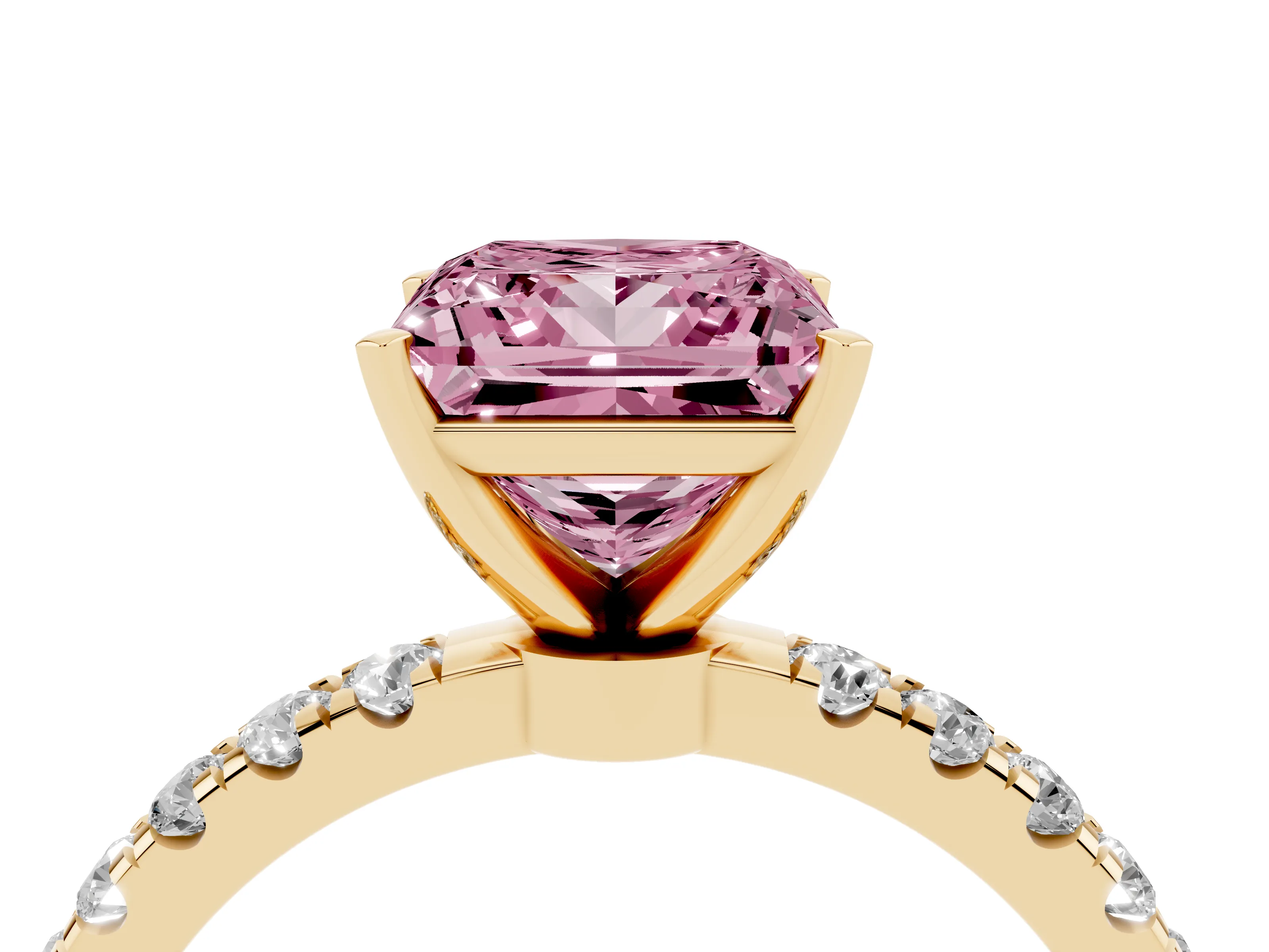 Fancy Pink Princess Cut Diamond Solitaire Ring Set in Yellow gold with Pavé Accents and Prong Setting