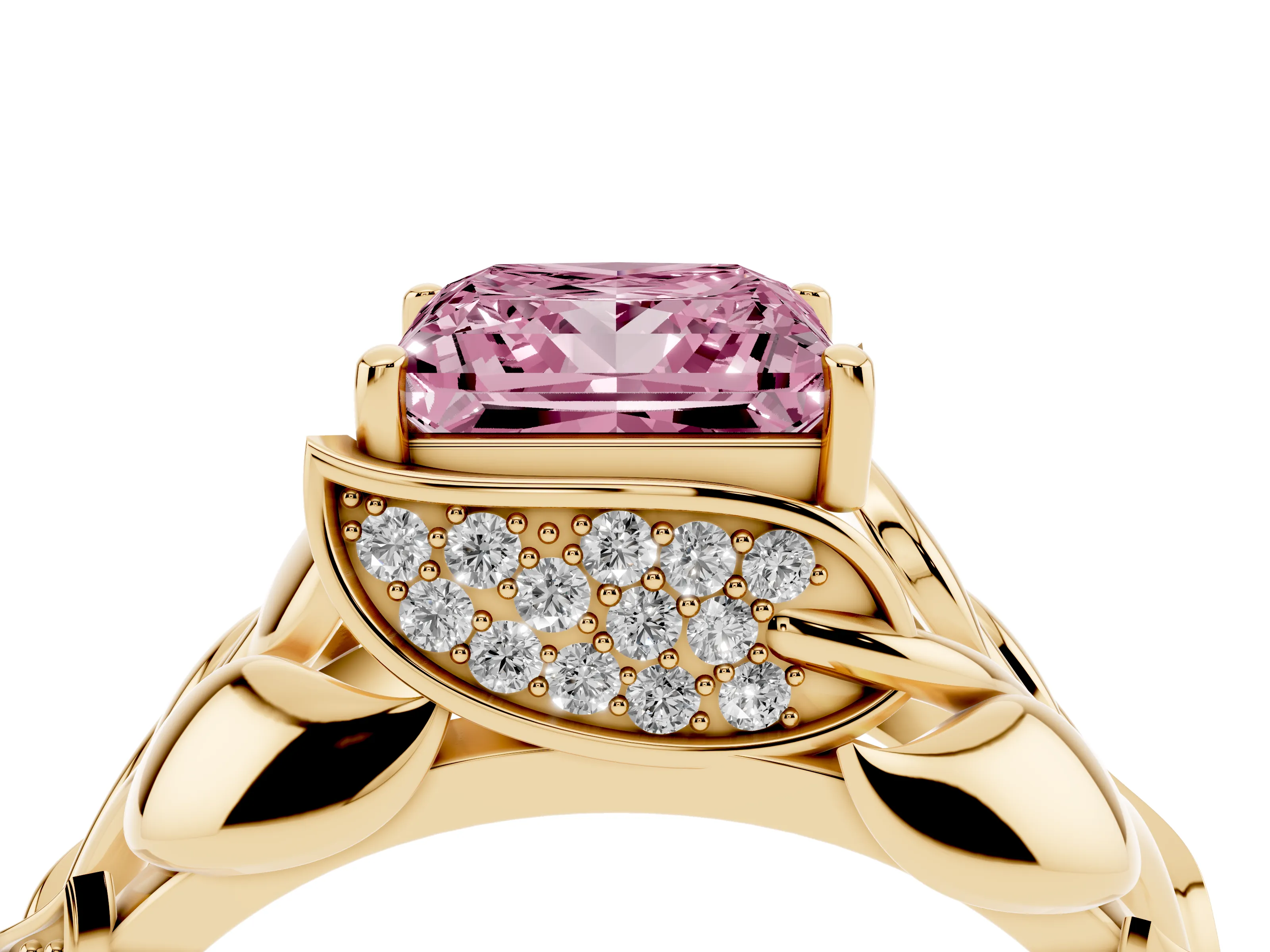 Fancy Pink Princess Cut Diamond Leaf-Inspired Engagement Ring Set in Yellow gold with Round Accents