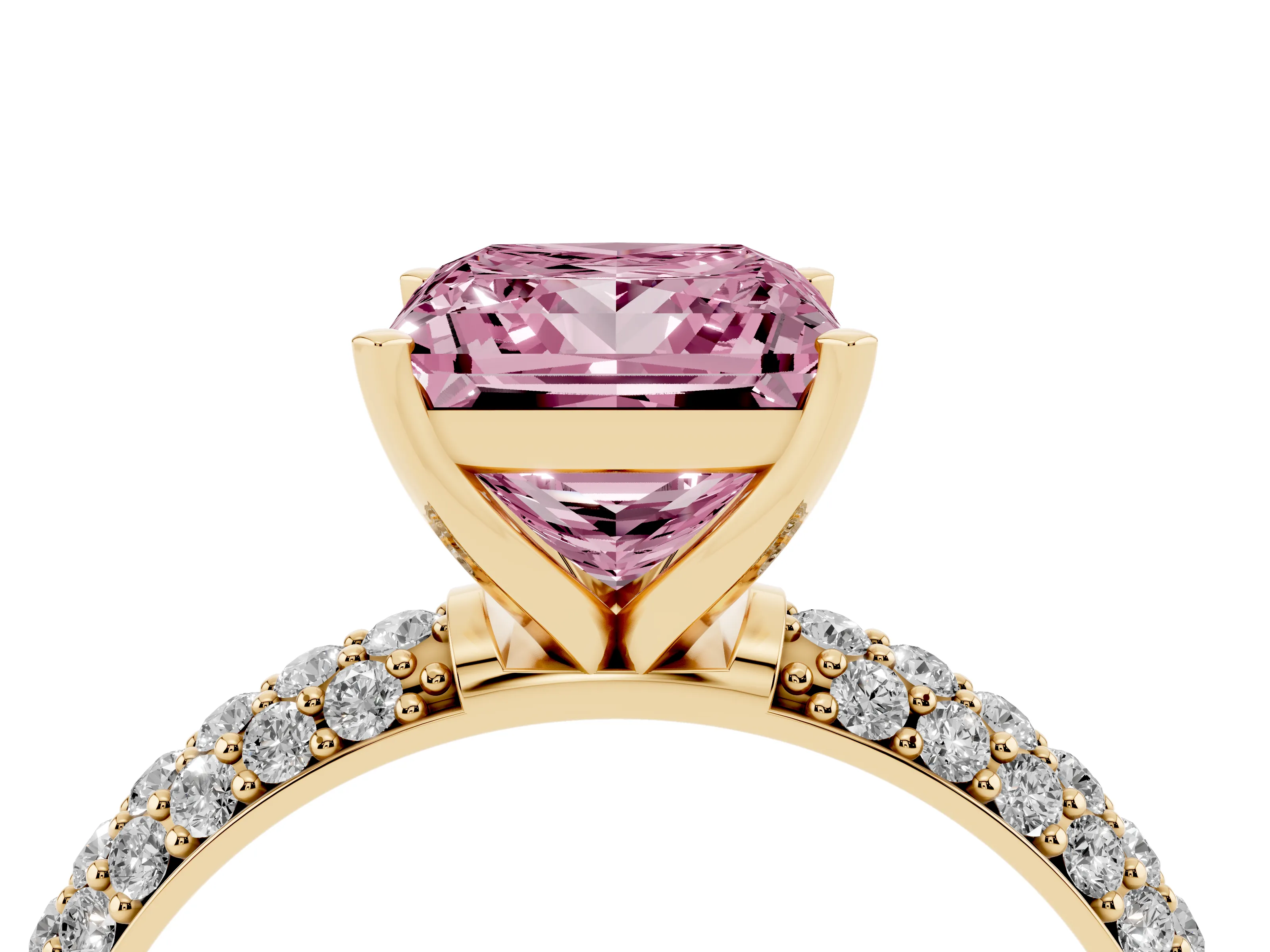Fancy Pink Princess Cut Diamond Solitaire Ring Set in Yellow gold with Prong Setting and Pavé-Set Band