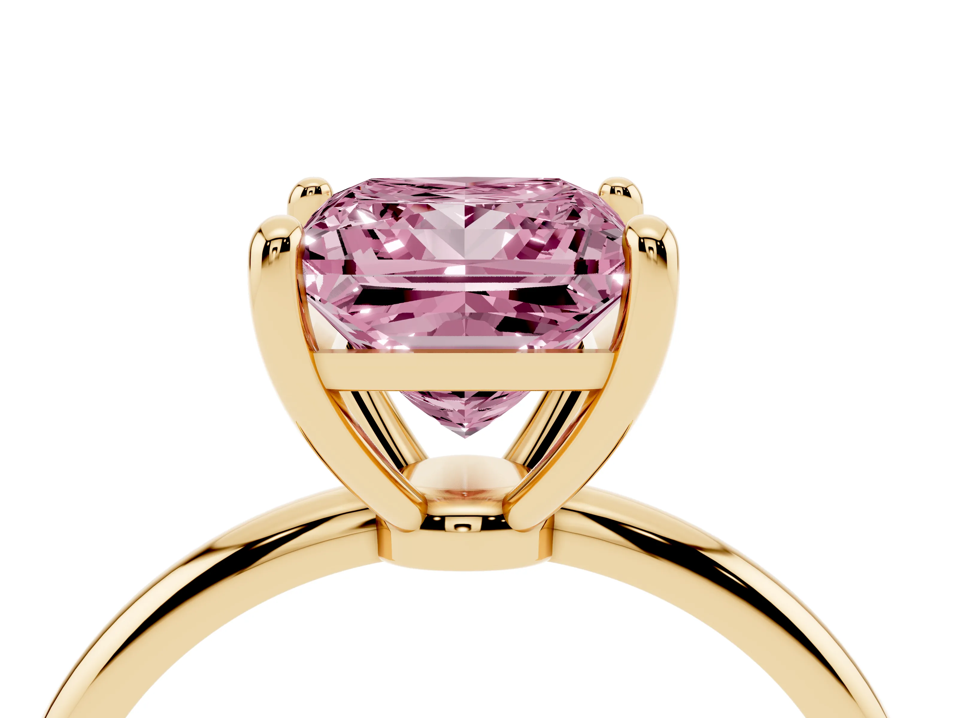 Fancy Pink Princess Cut Diamond Solitaire Ring Set in Yellow gold with Secure Prong Setting on a Classic Band