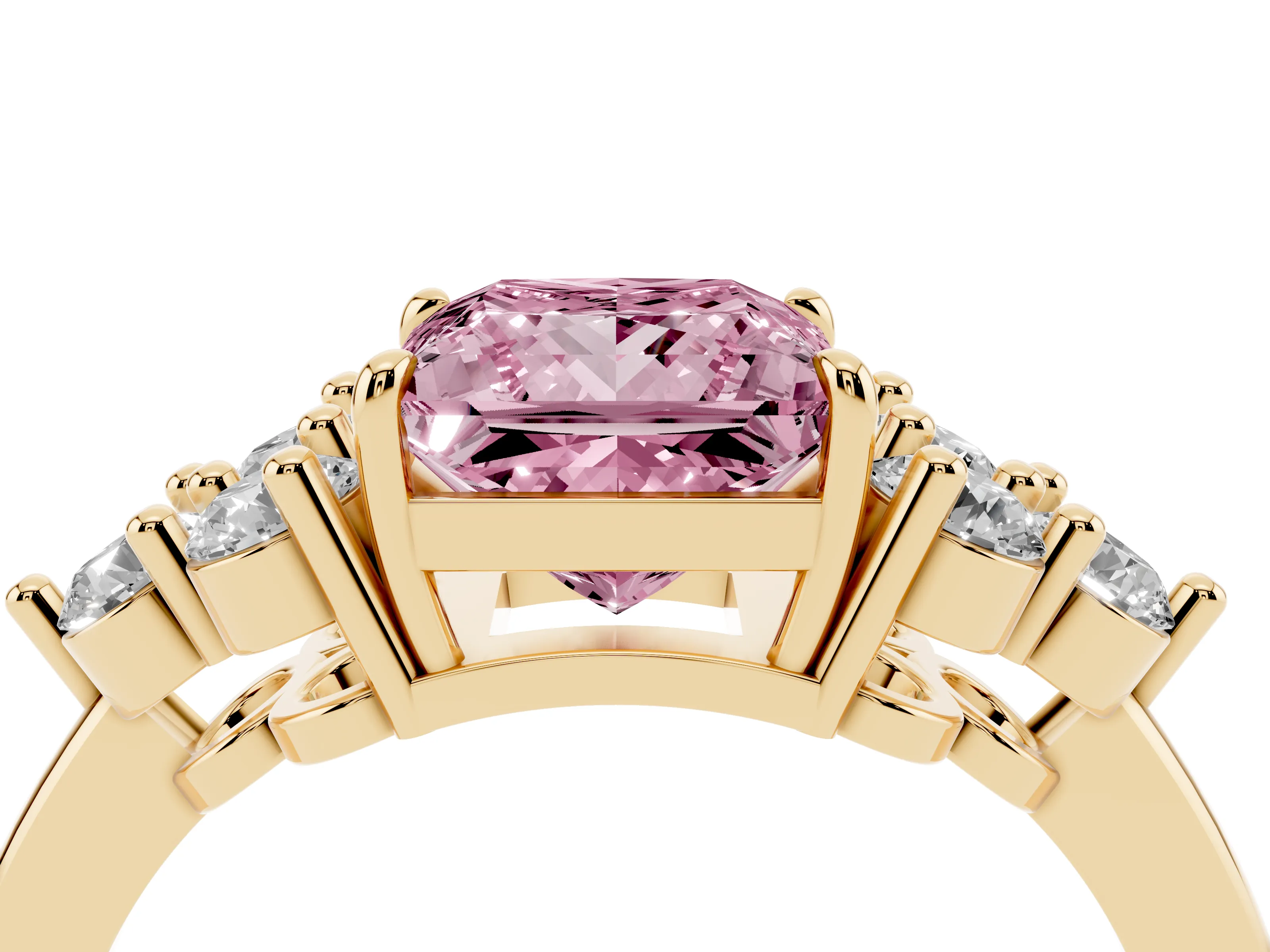 Fancy Pink Princess Cut Diamond Solitaire Ring Set in Yellow gold with Cluster Accents on Each Side