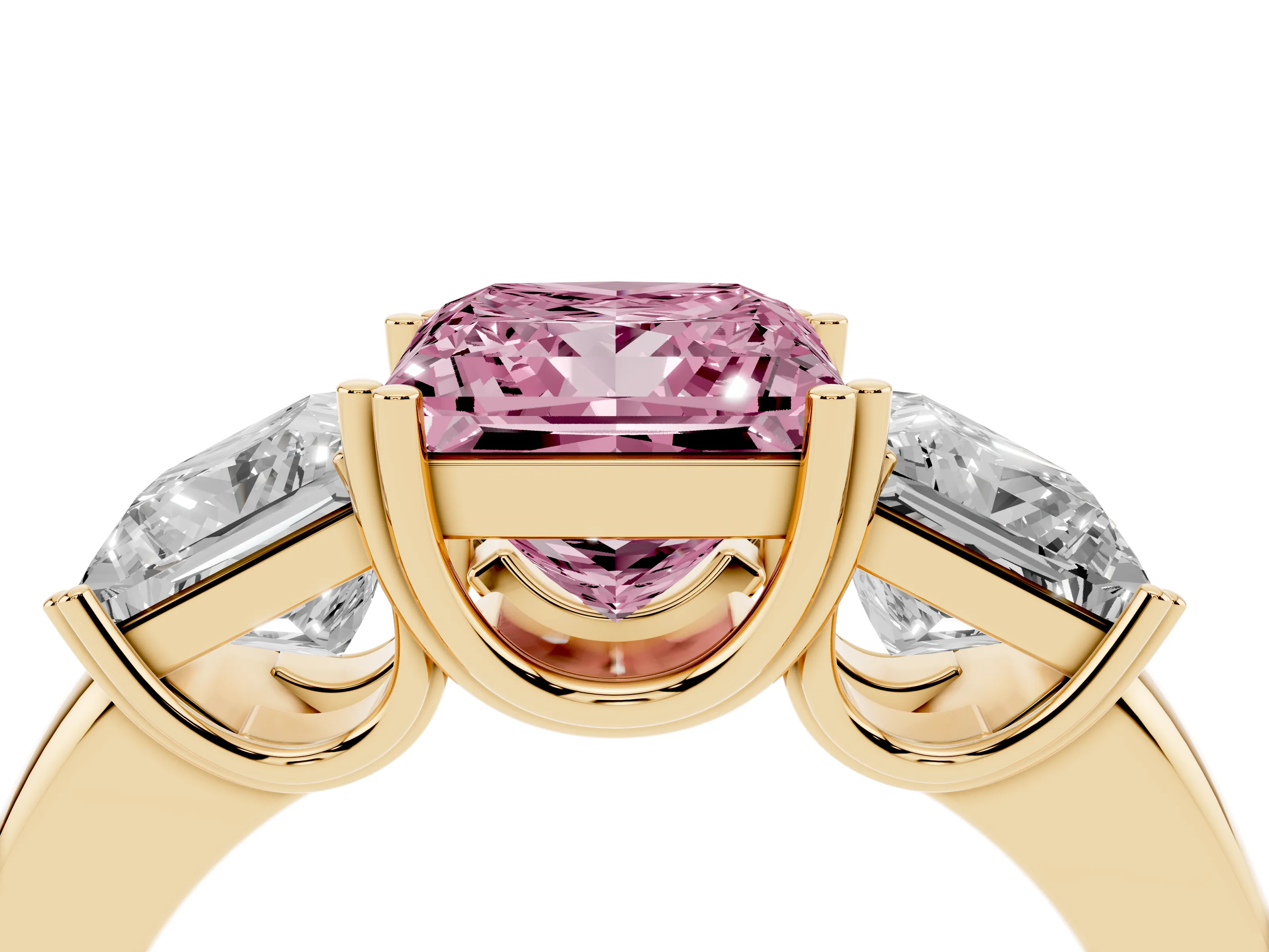 Fancy Pink Princess Cut Diamond Three-Stone Ring Set in Yellow gold with Polished Channel-Set Band