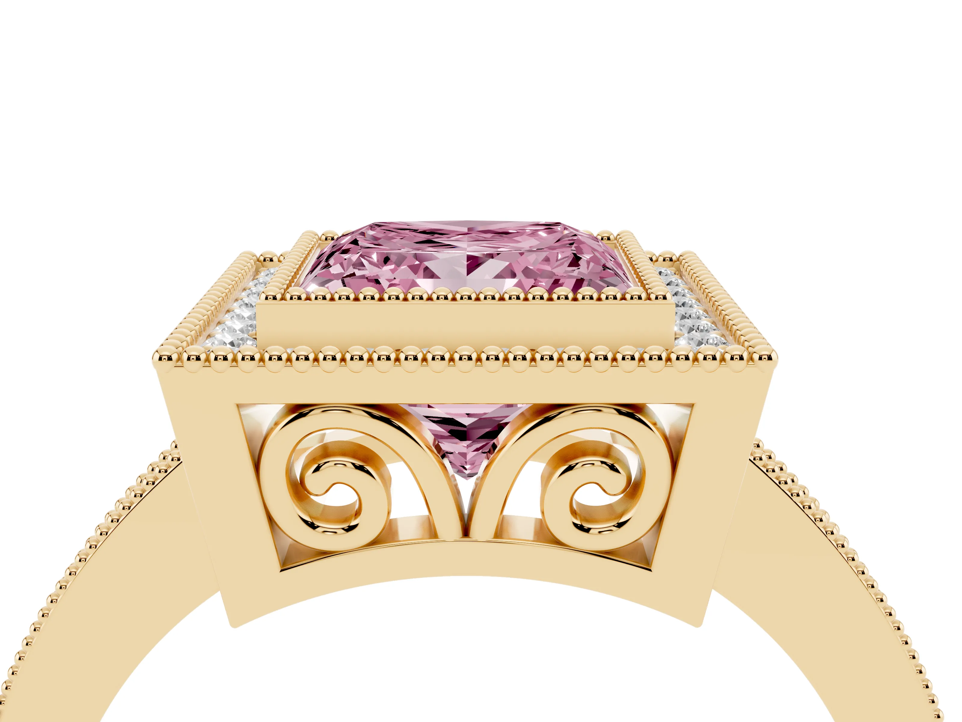 Fancy Pink Princess Cut Diamond Halo Ring Set in Yellow gold with Pavé Band and Milgrain-Edged Prongs