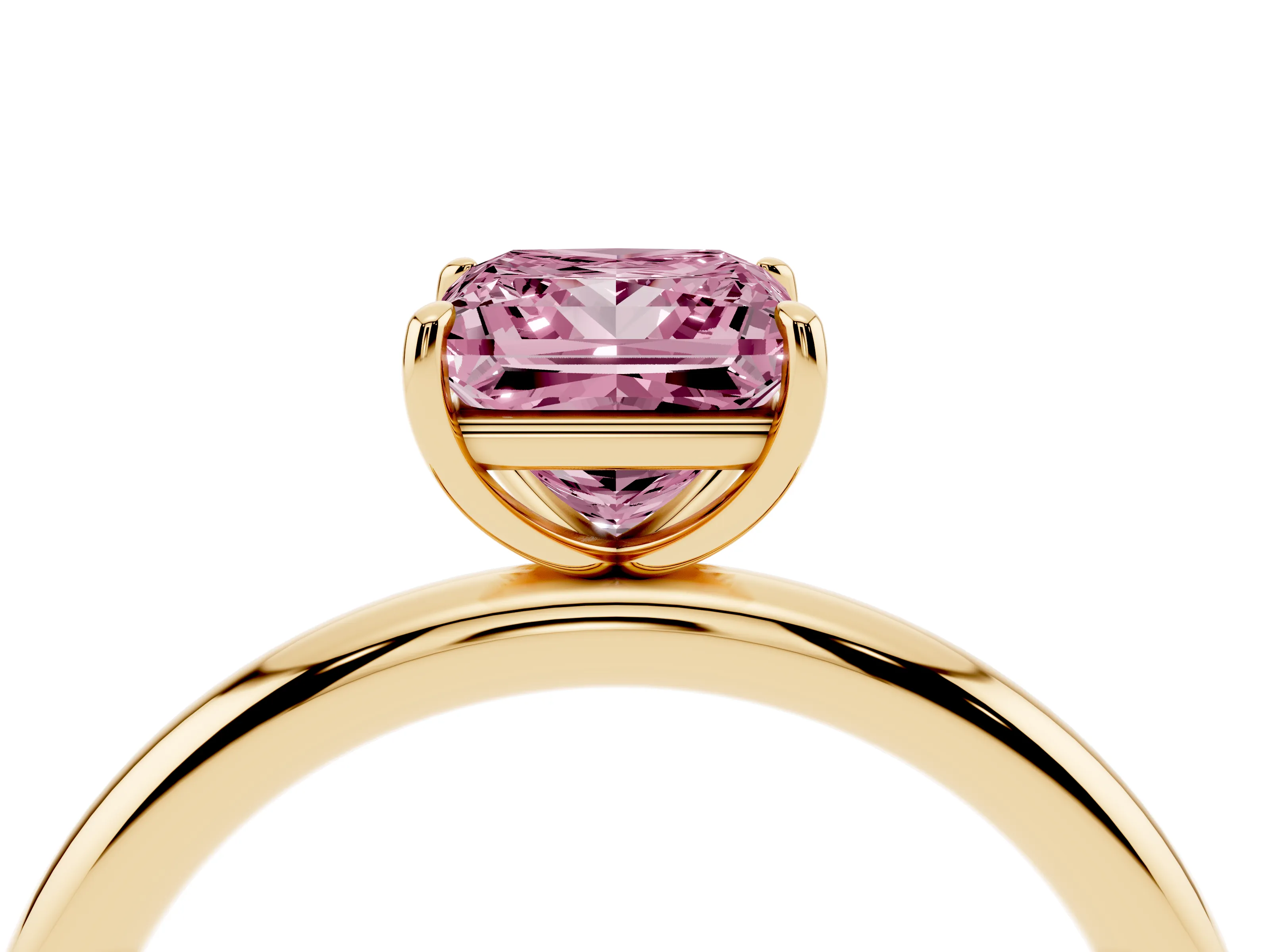 Fancy Pink Princess Cut Diamond Solitaire Ring Set in Yellow gold with Prong Setting on a Polished Plain Band