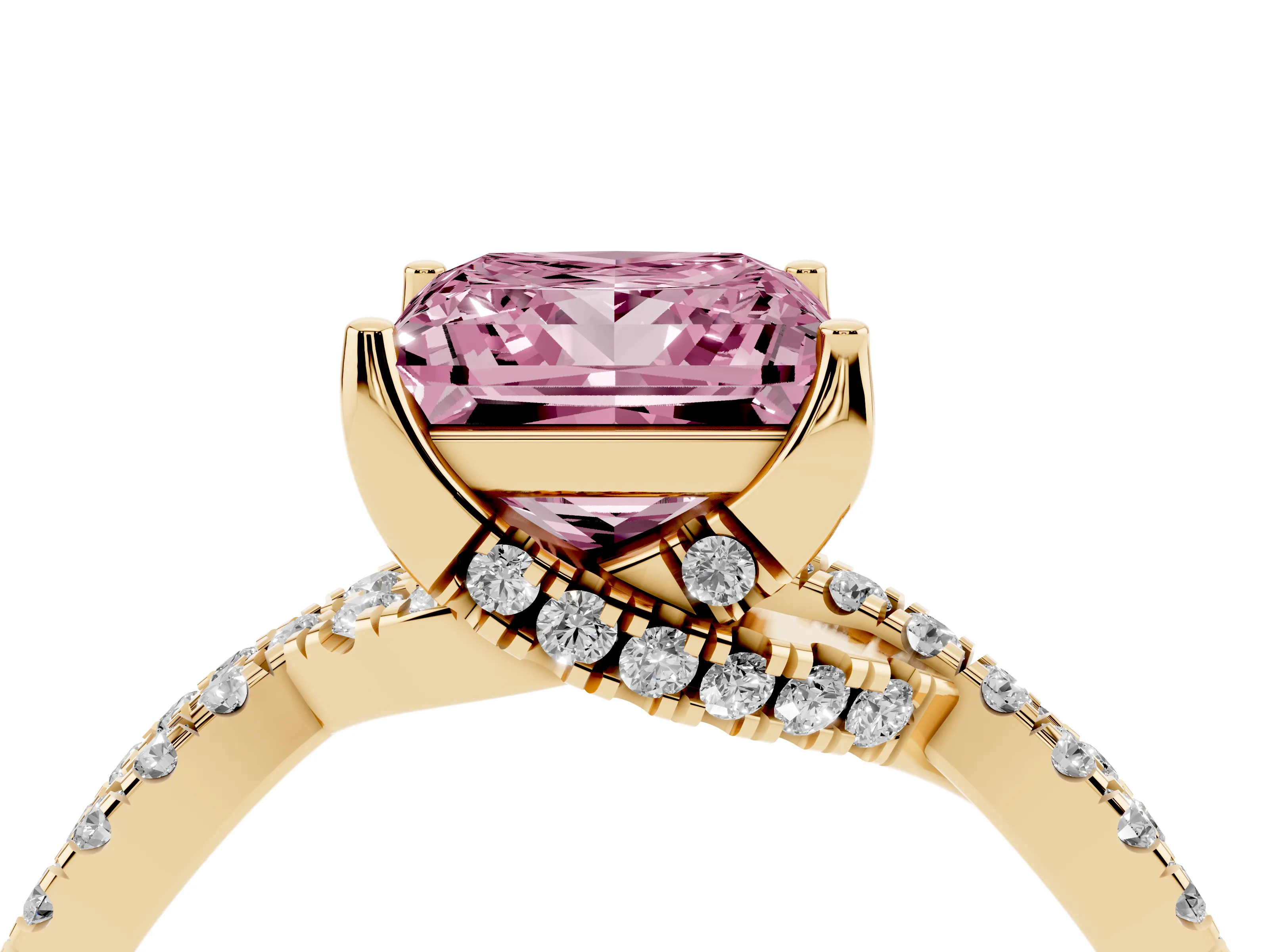 Fancy Pink Princess Cut Diamond Twist Pavé Solitaire Engagement Ring Set in Yellow gold with Prong Setting