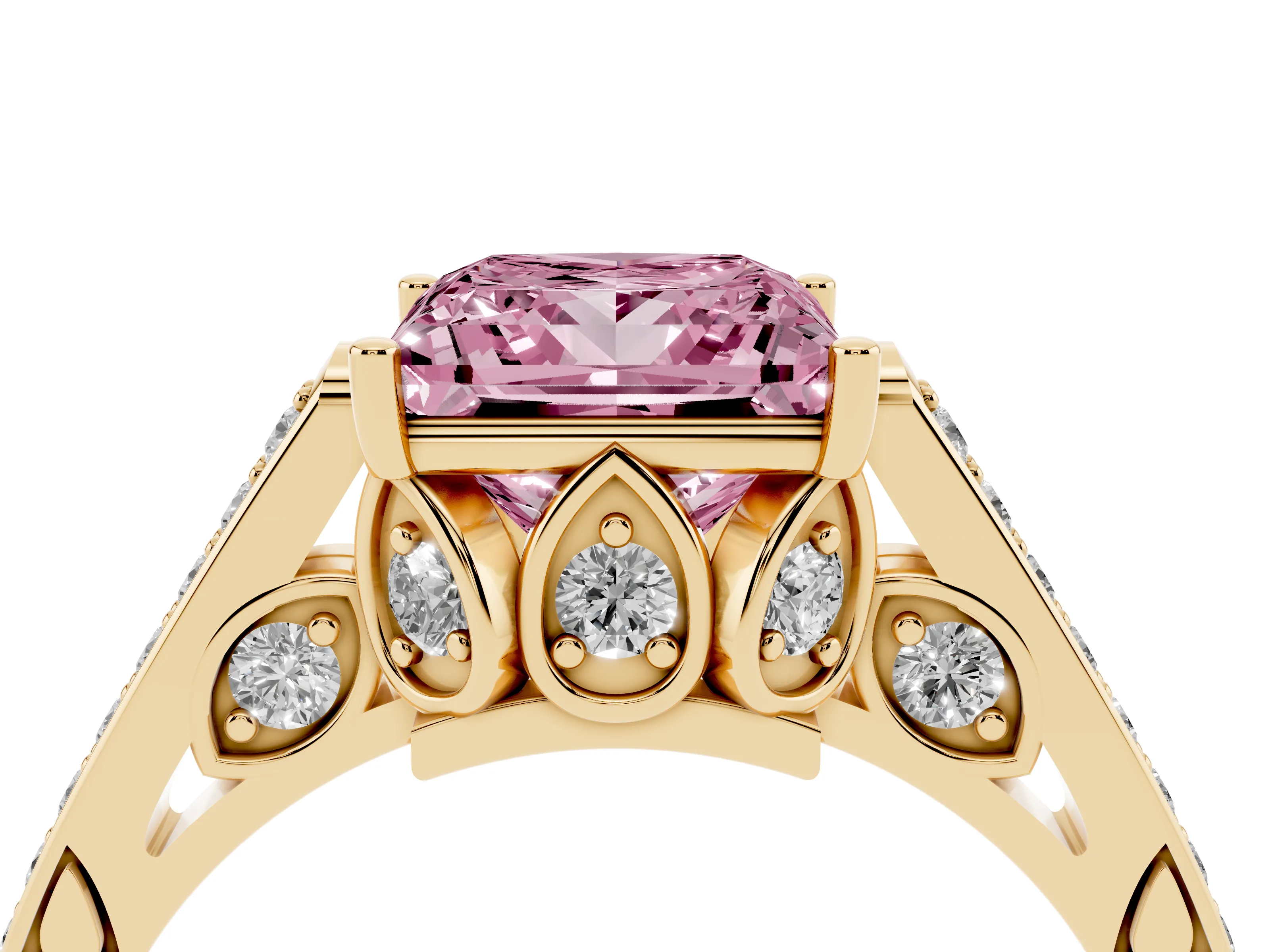 Fancy Pink Princess Cut Diamond Cathedral Pavé Engagement Ring Set in Yellow gold with Prong Setting