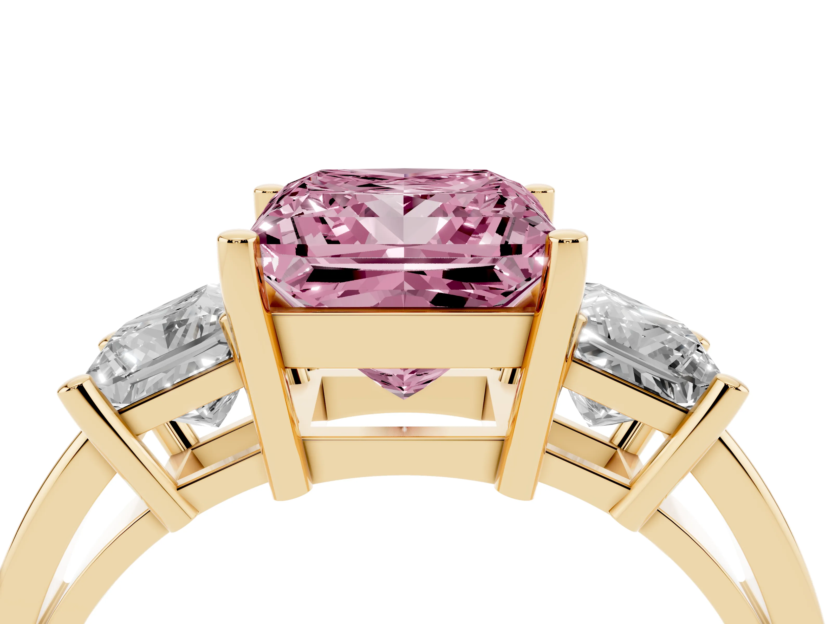 Fancy Pink Three-Stone Princess Cut Diamond Solitaire Ring Set in Yellow gold with Prong Setting