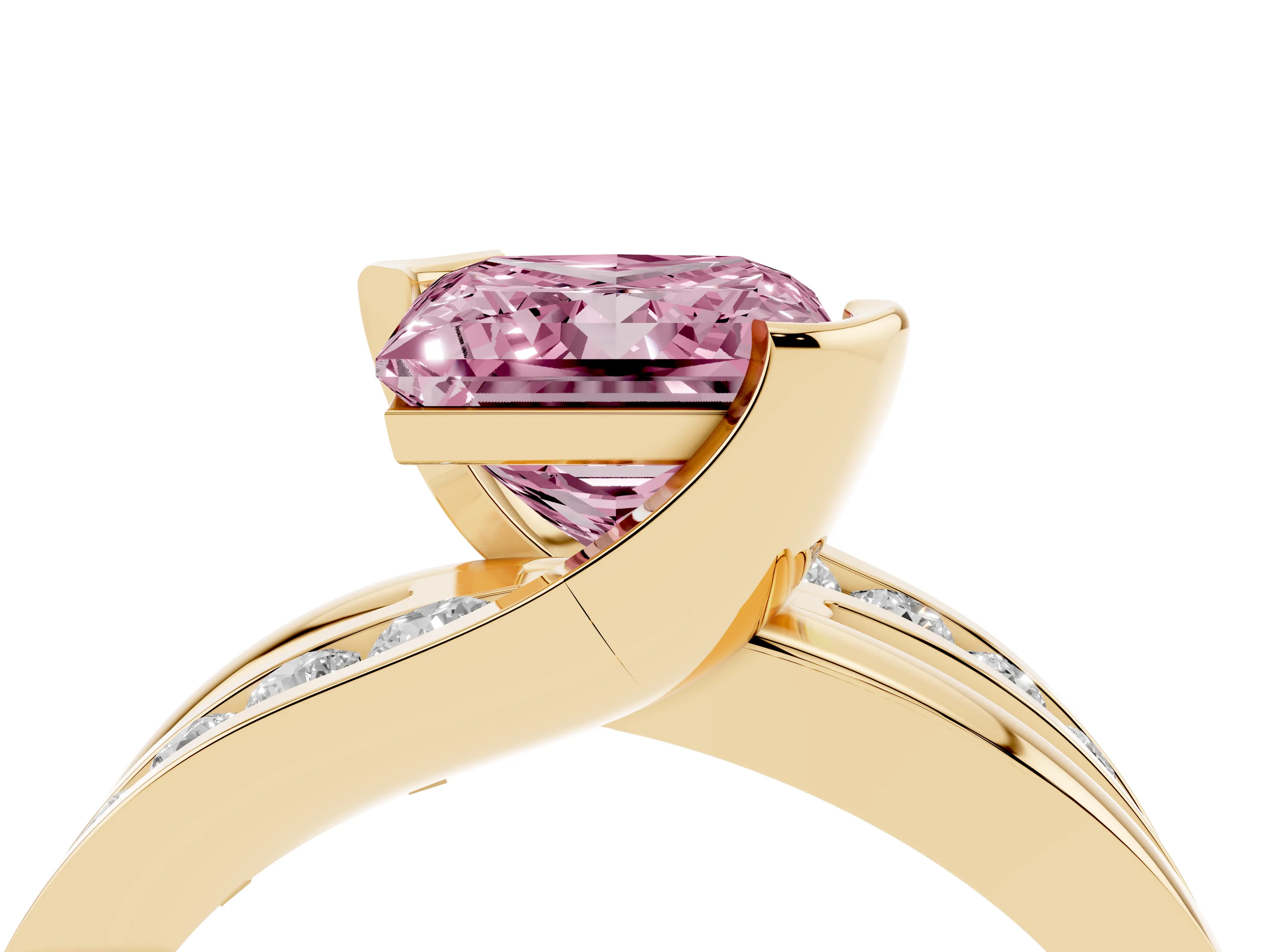 Fancy Pink Princess Cut Diamond Solitaire Ring Set in Yellow gold with Channel Set Split Shank and Tension Prongs