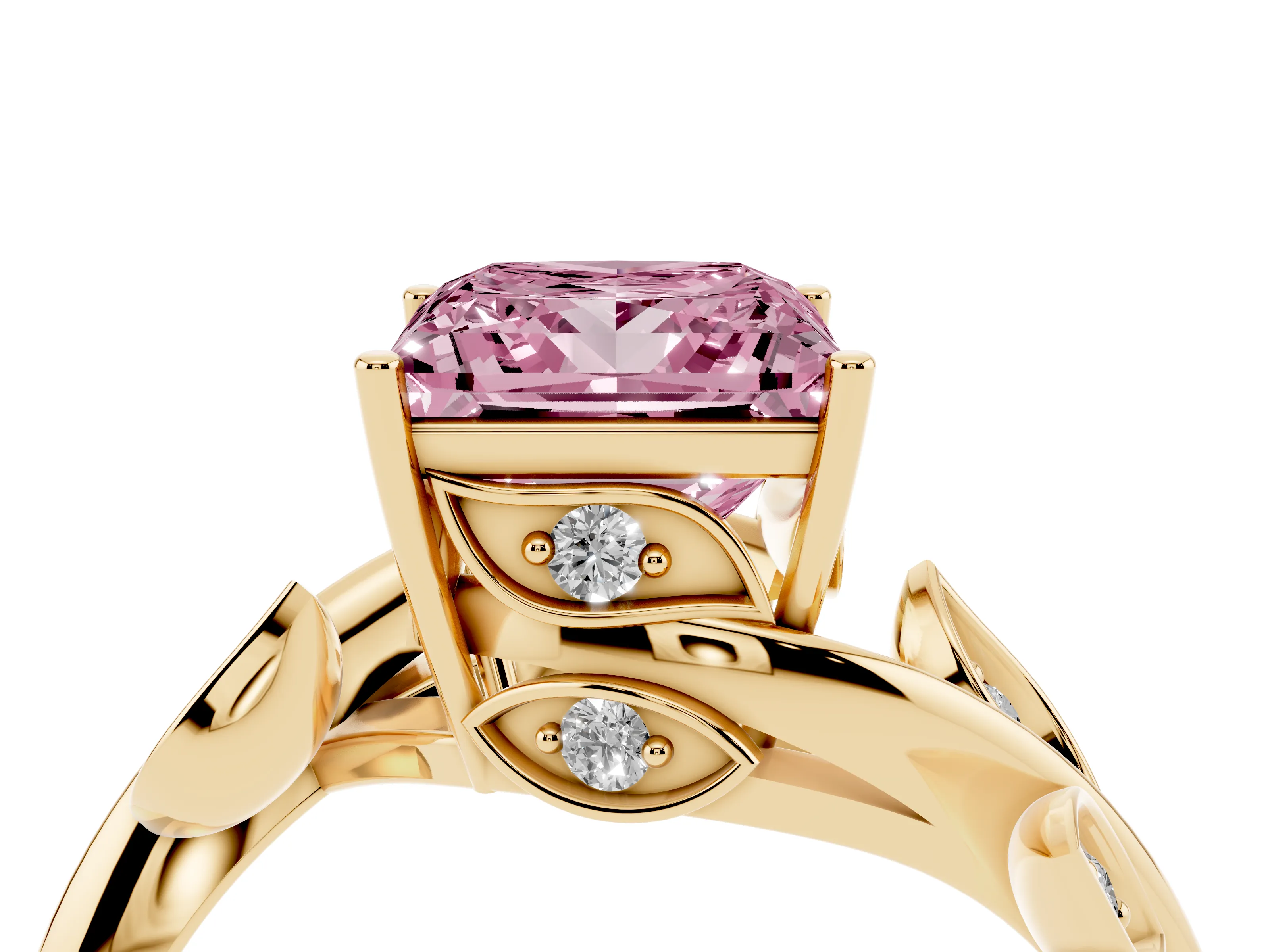 Fancy Pink Princess Cut Diamond Solitaire Twist Engagement Ring Set in Yellow gold with Pavé Leaf Accents