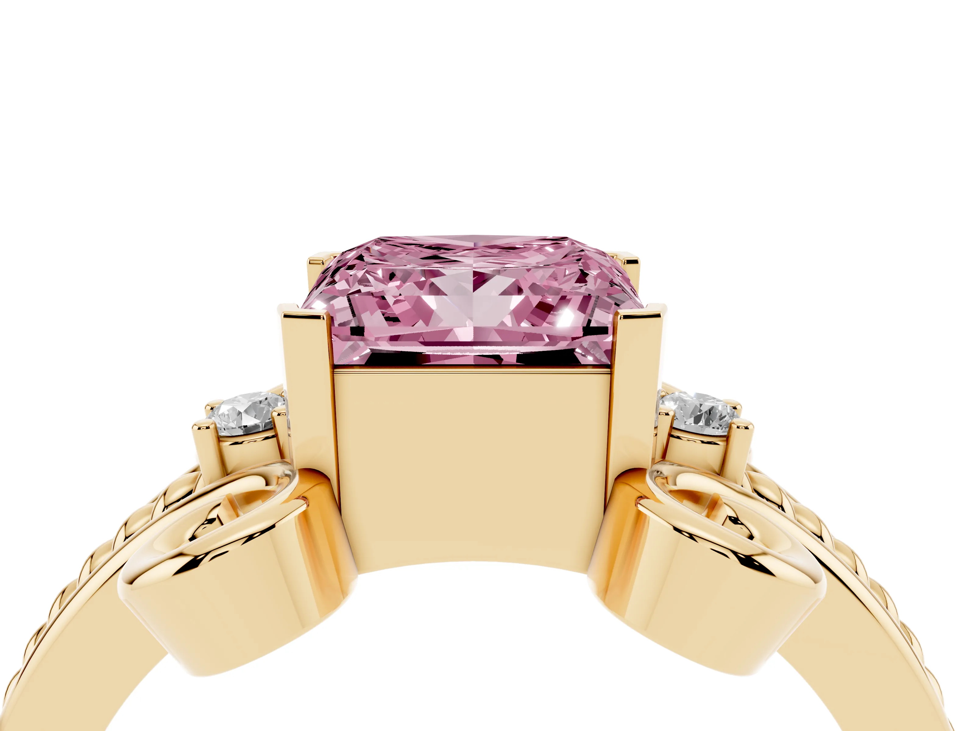 Fancy Pink Princess Cut Diamond Twisted Band Solitaire Ring Set in Yellow gold with Scroll Prongs