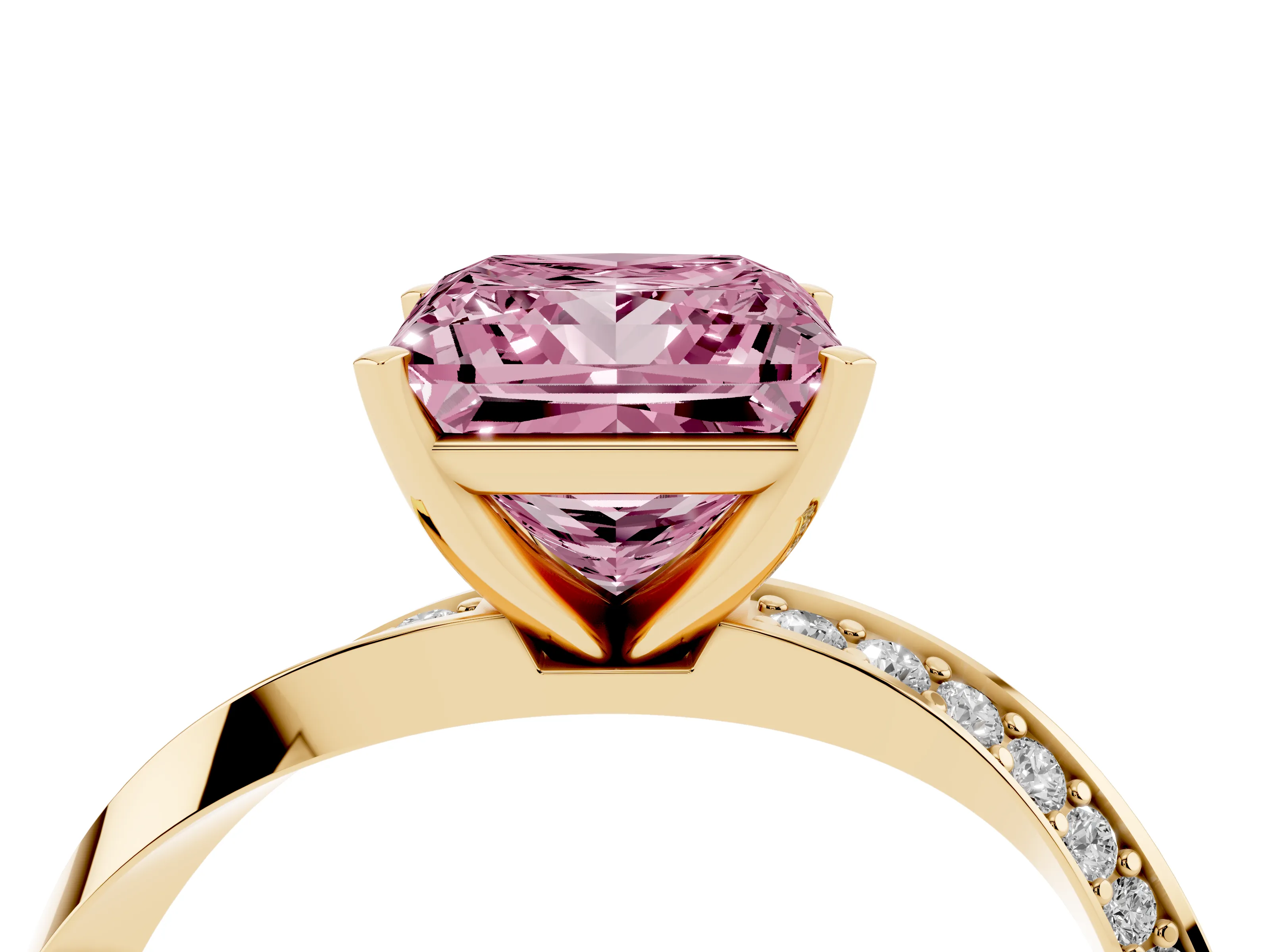 Fancy Pink Princess Cut Diamond Engagement Ring Set in Yellow gold with Side Stone Accents and Prong Setting