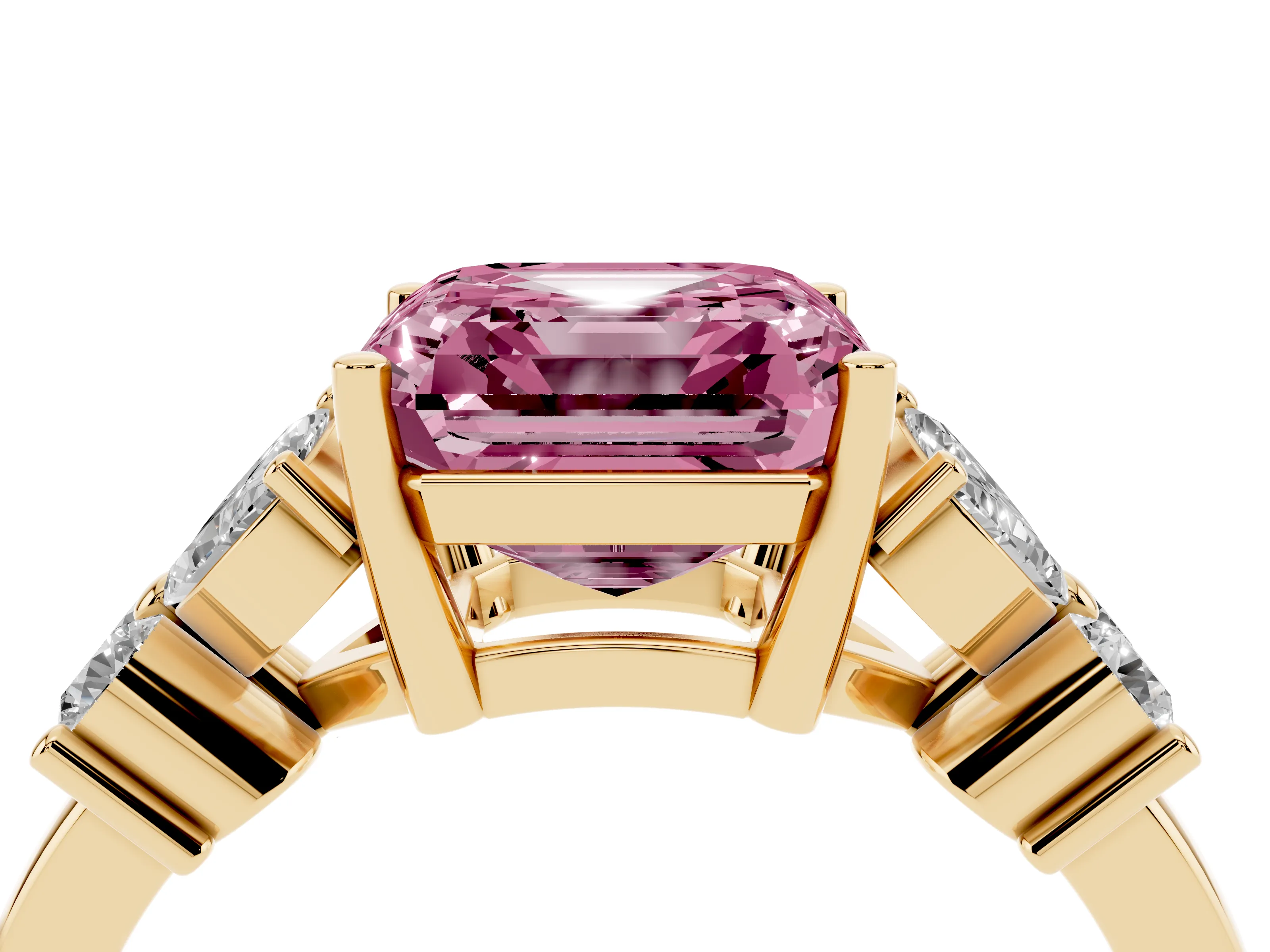 Fancy Pink Princess Cut Diamond Floral Cluster Ring Set in Yellow gold with Marquise Petals and Prong Setting