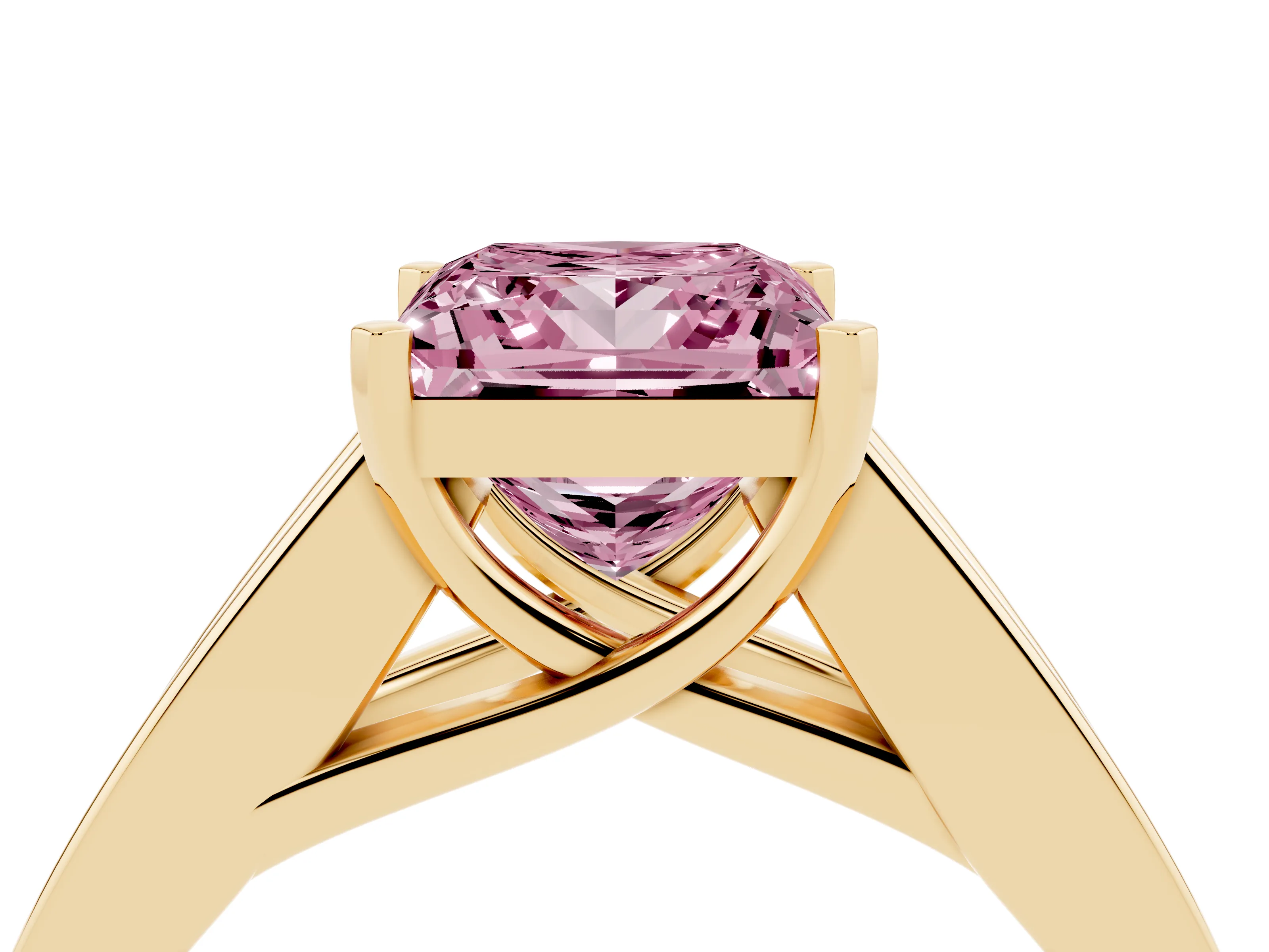 Fancy Pink Princess Cut Diamond Solitaire Ring Set in Yellow gold with Channel-Set Accent Stones and Prong Setting
