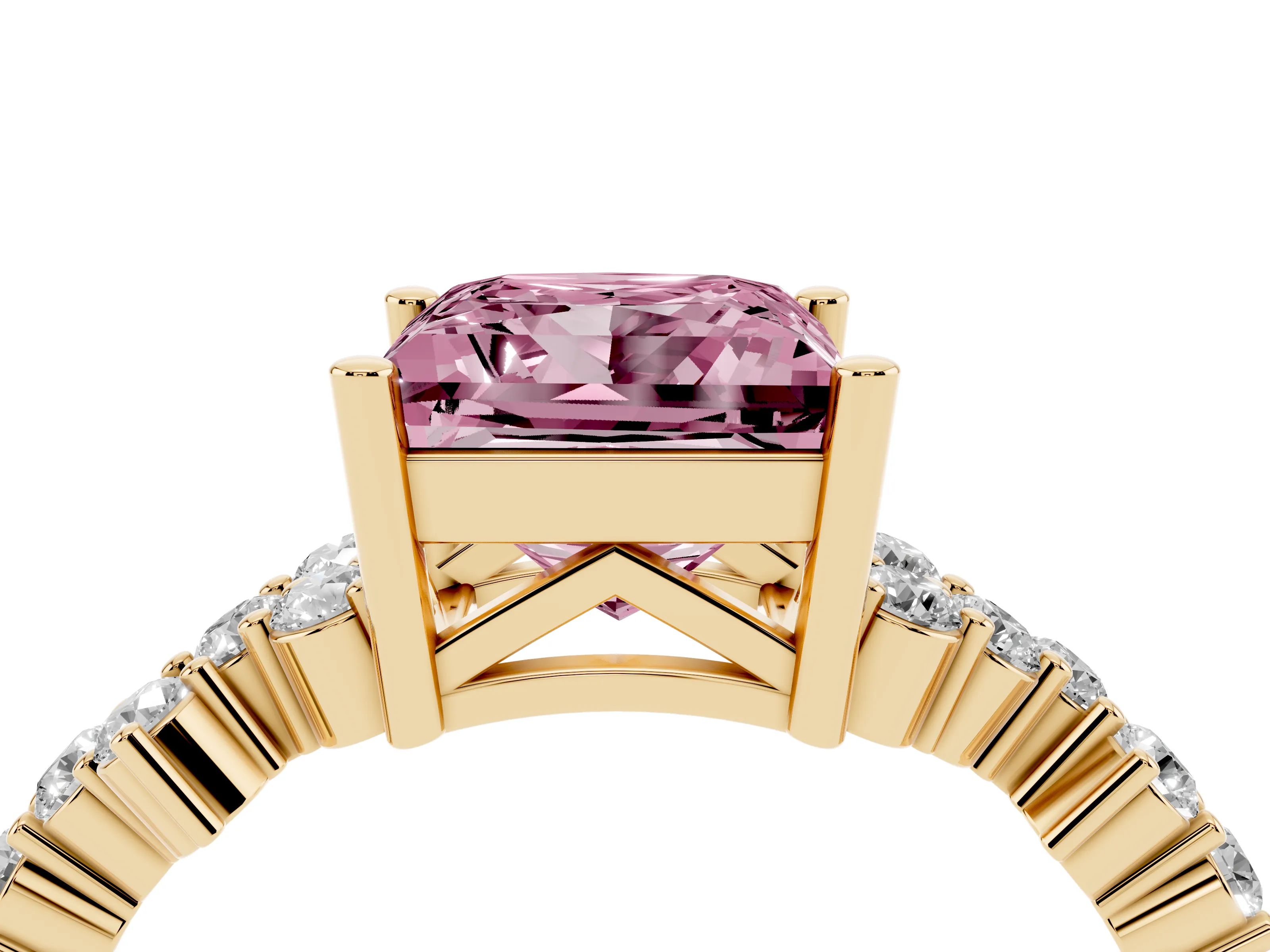 Fancy Pink Princess Cut Diamond Ring Set in Yellow gold with Scattered Round Accents