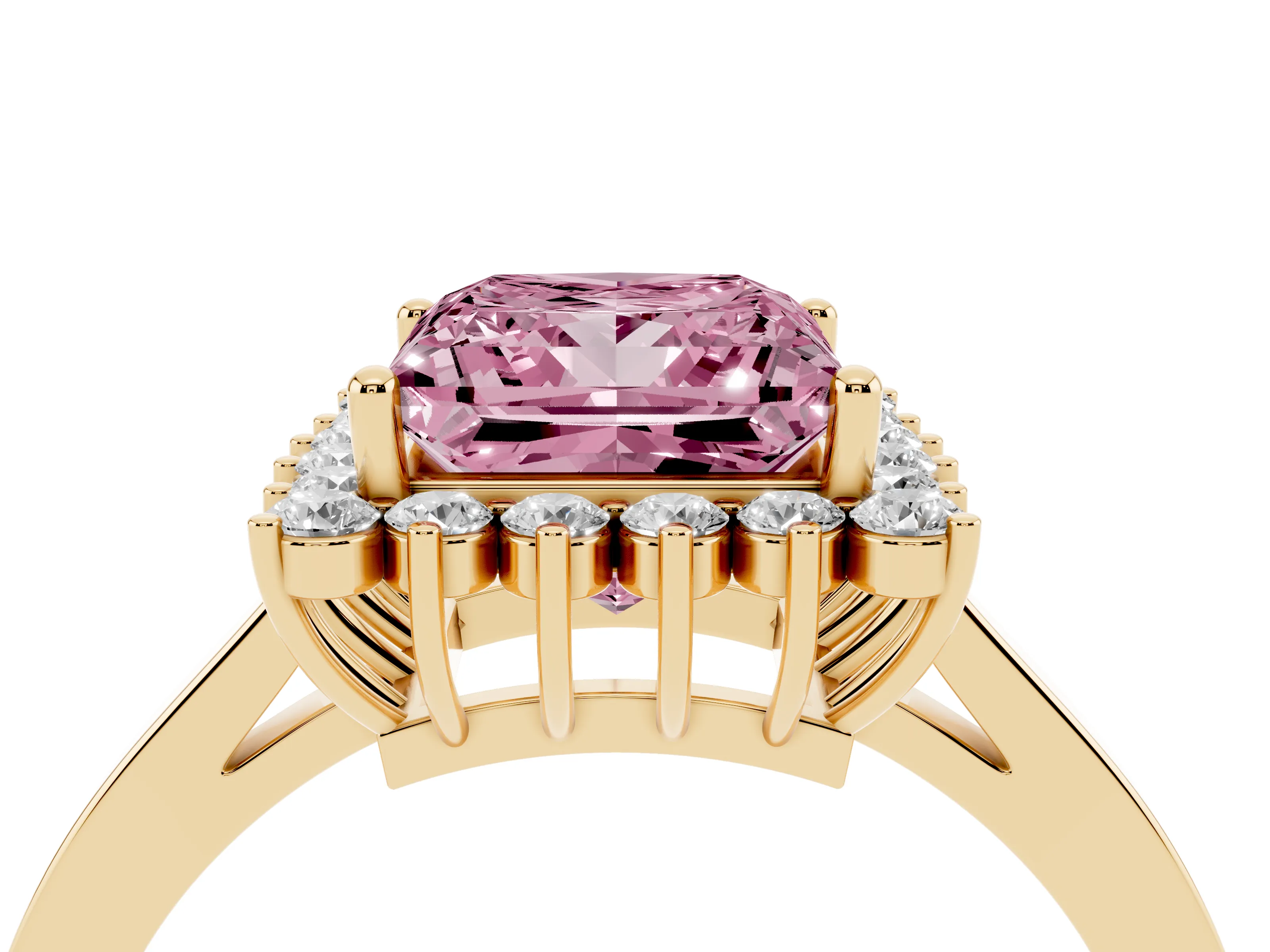 Fancy Pink Princess Cut Diamond Halo Ring Set in Yellow gold with Round Halo and Smooth Solitaire Band