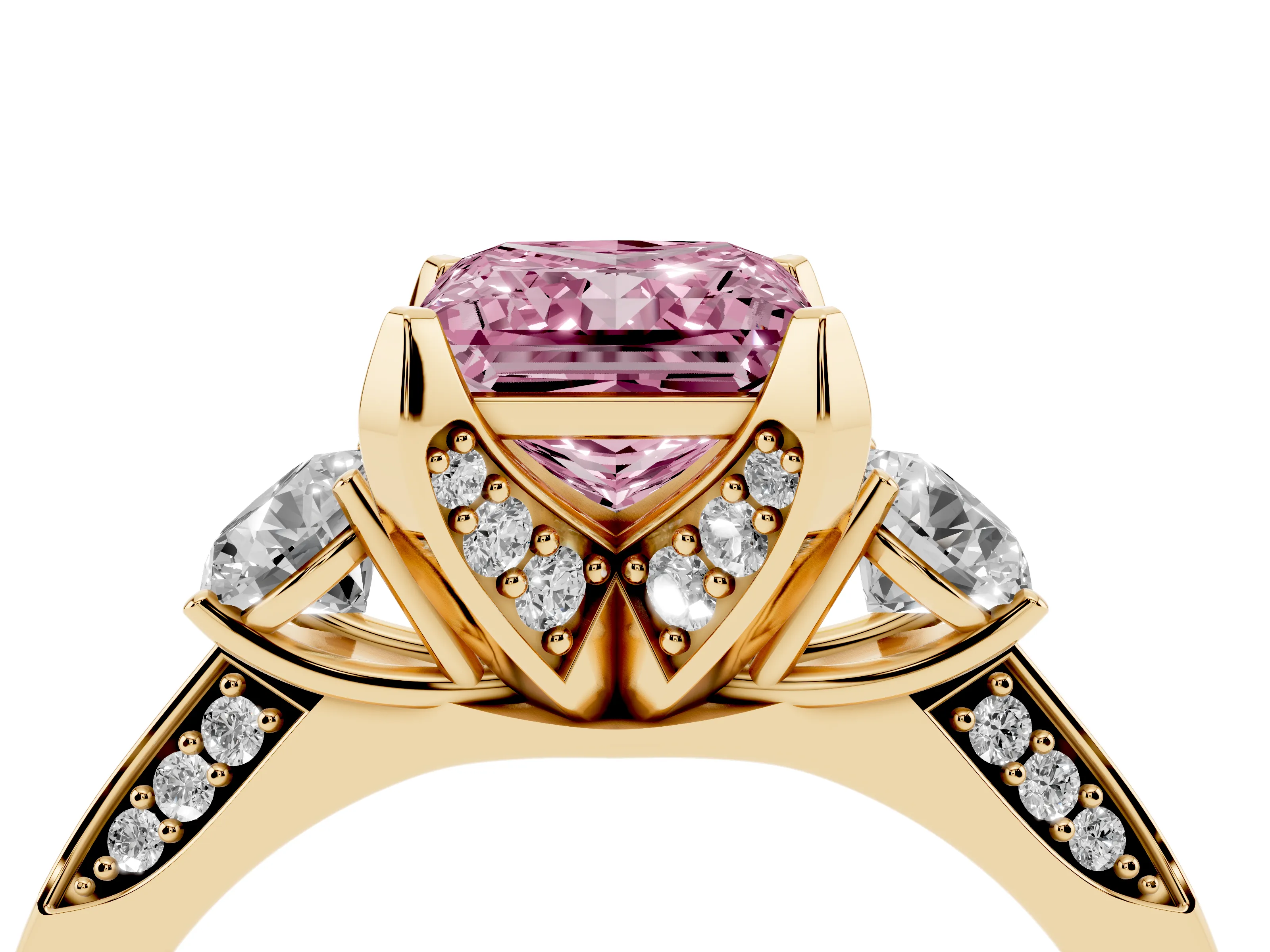 Fancy Pink Princess Cut Diamond Three-Stone Ring Set in Yellow gold with Pavé Band and Smaller Side Stones