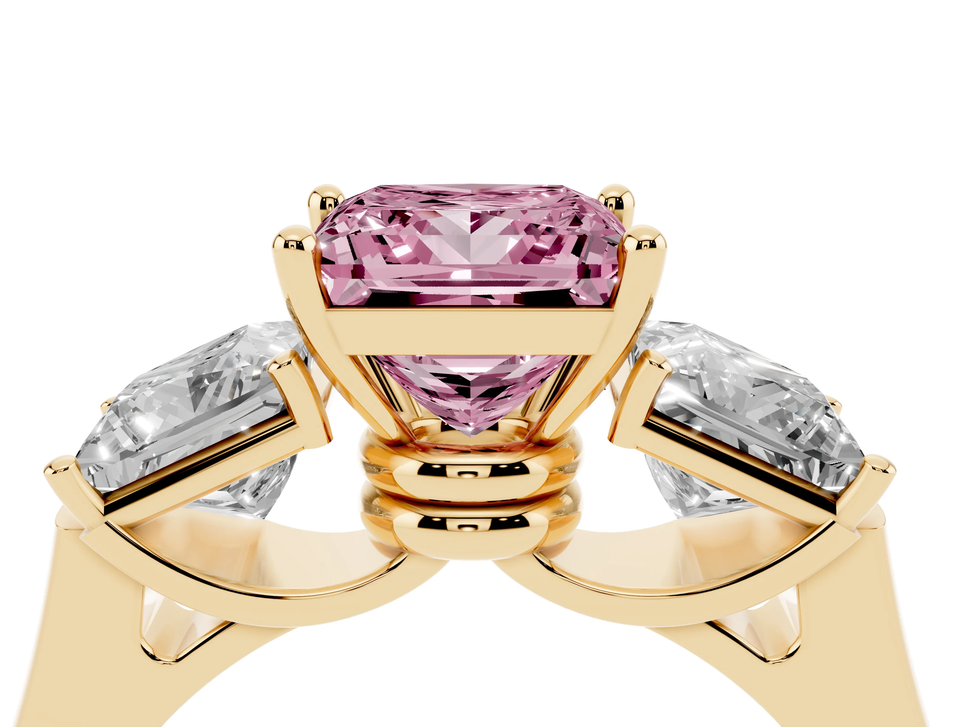 Fancy Pink Princess Cut Diamond Three-Stone Trellis Ring Set in Yellow gold with Comfort Fit Band