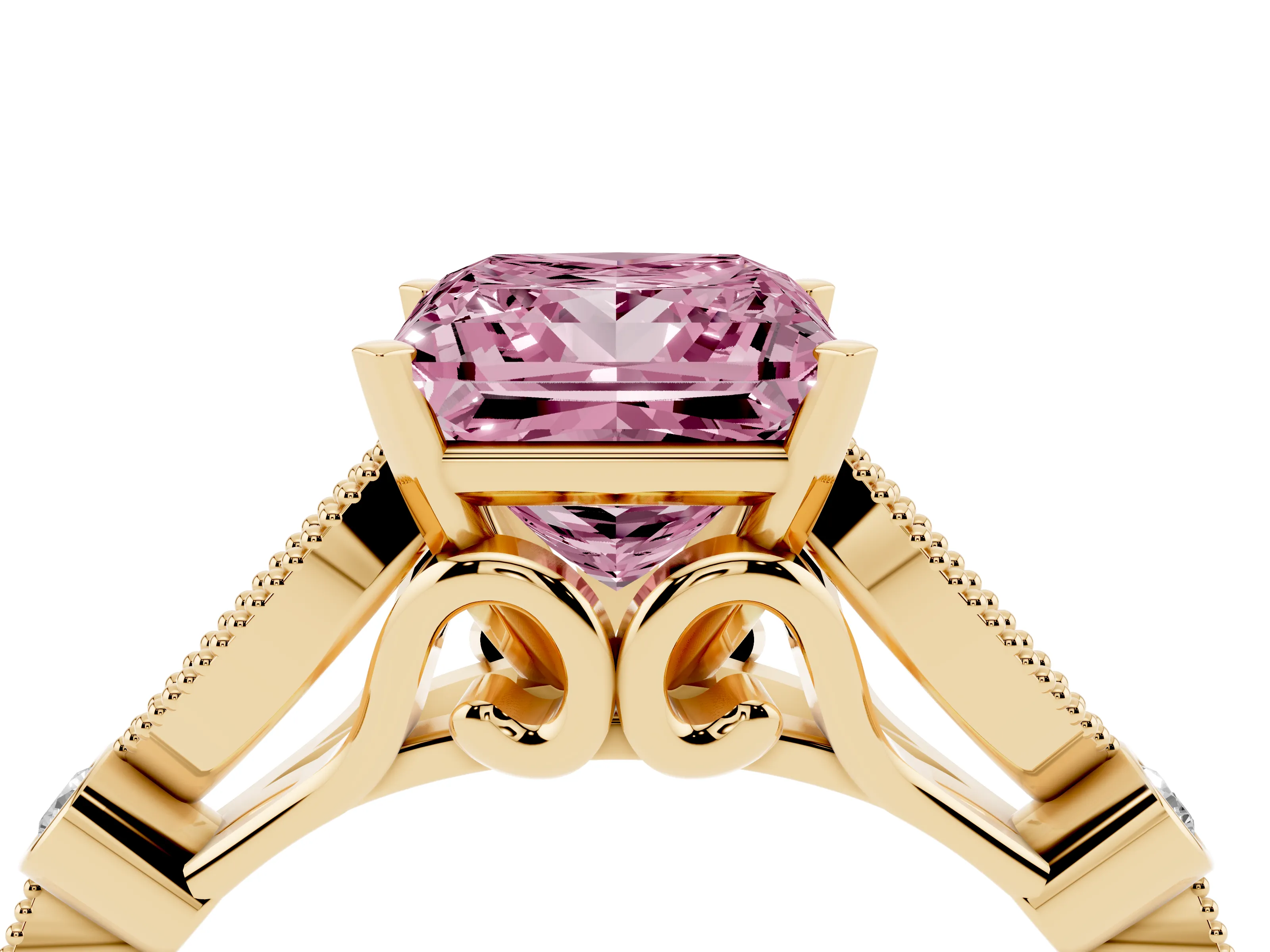 Fancy Pink Princess Cut Diamond Solitaire Ring Set in Yellow gold with Milgrain Marquise and Bezel Accents