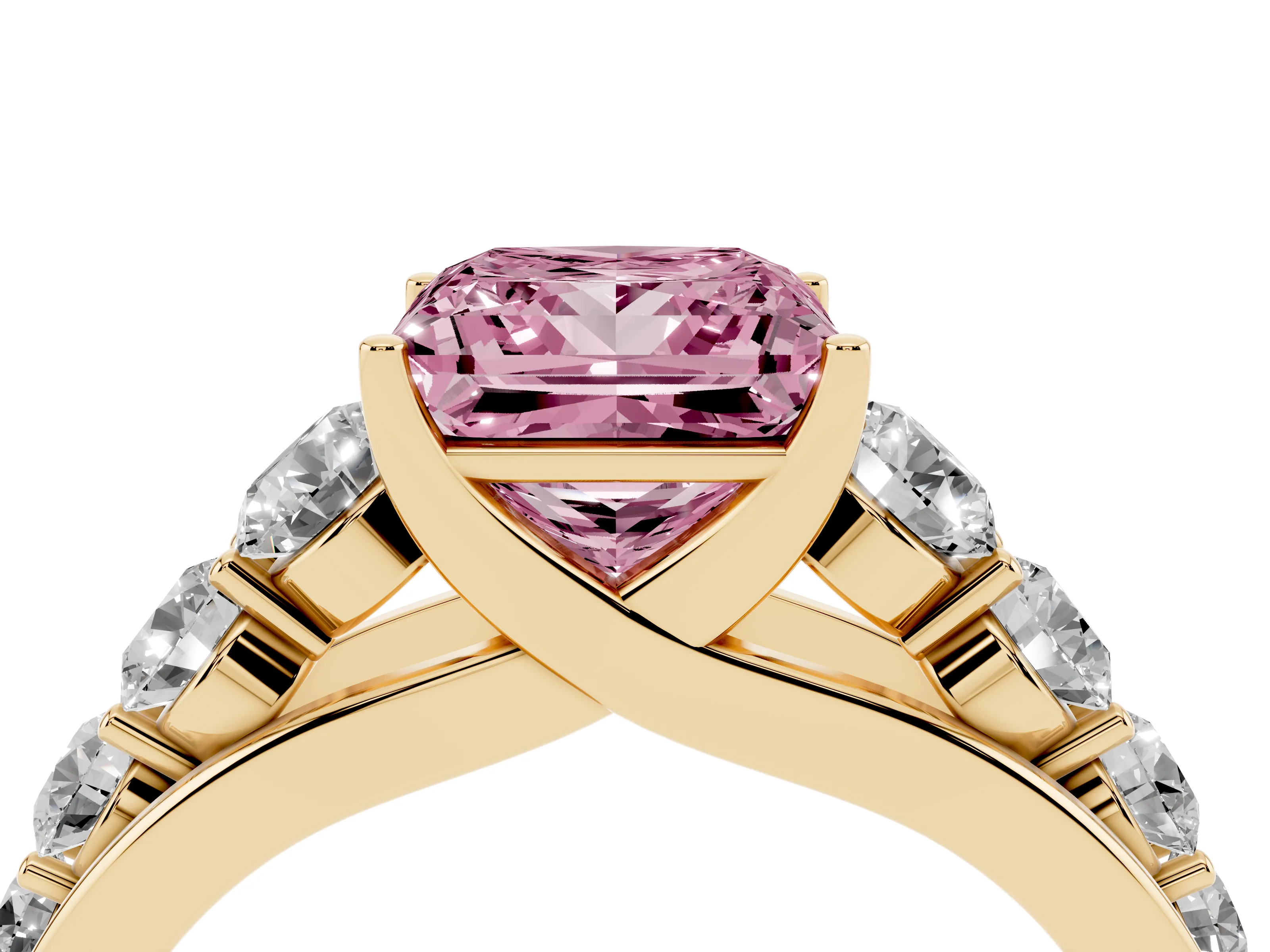 Fancy Pink Princess Cut Diamond Solitaire Ring Set in Yellow gold with Pavé-Set Band and Prong Setting