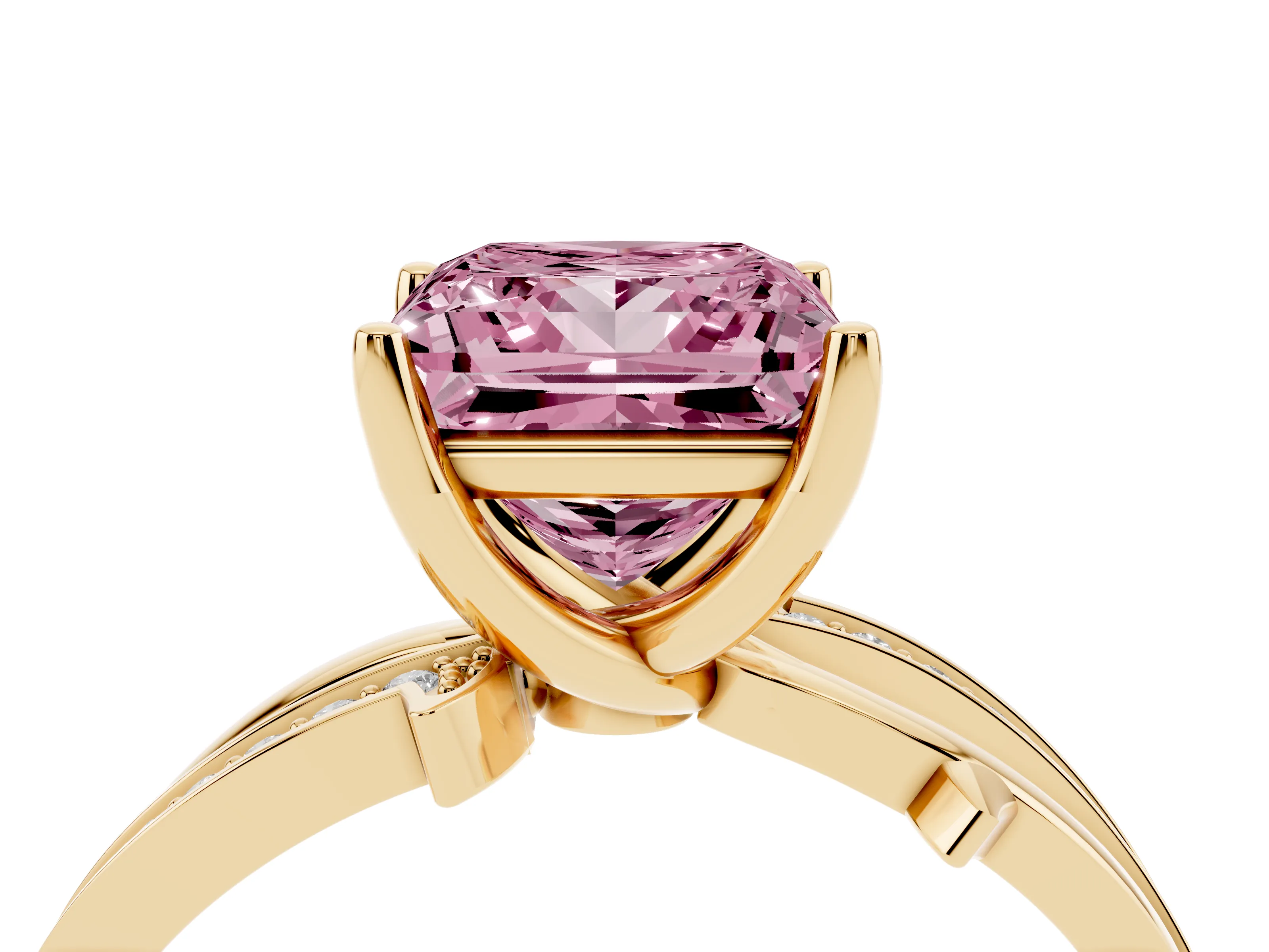 Fancy Pink Princess Cut Diamond Pavé Twist Band Solitaire Ring Set in Yellow gold with Prong Setting