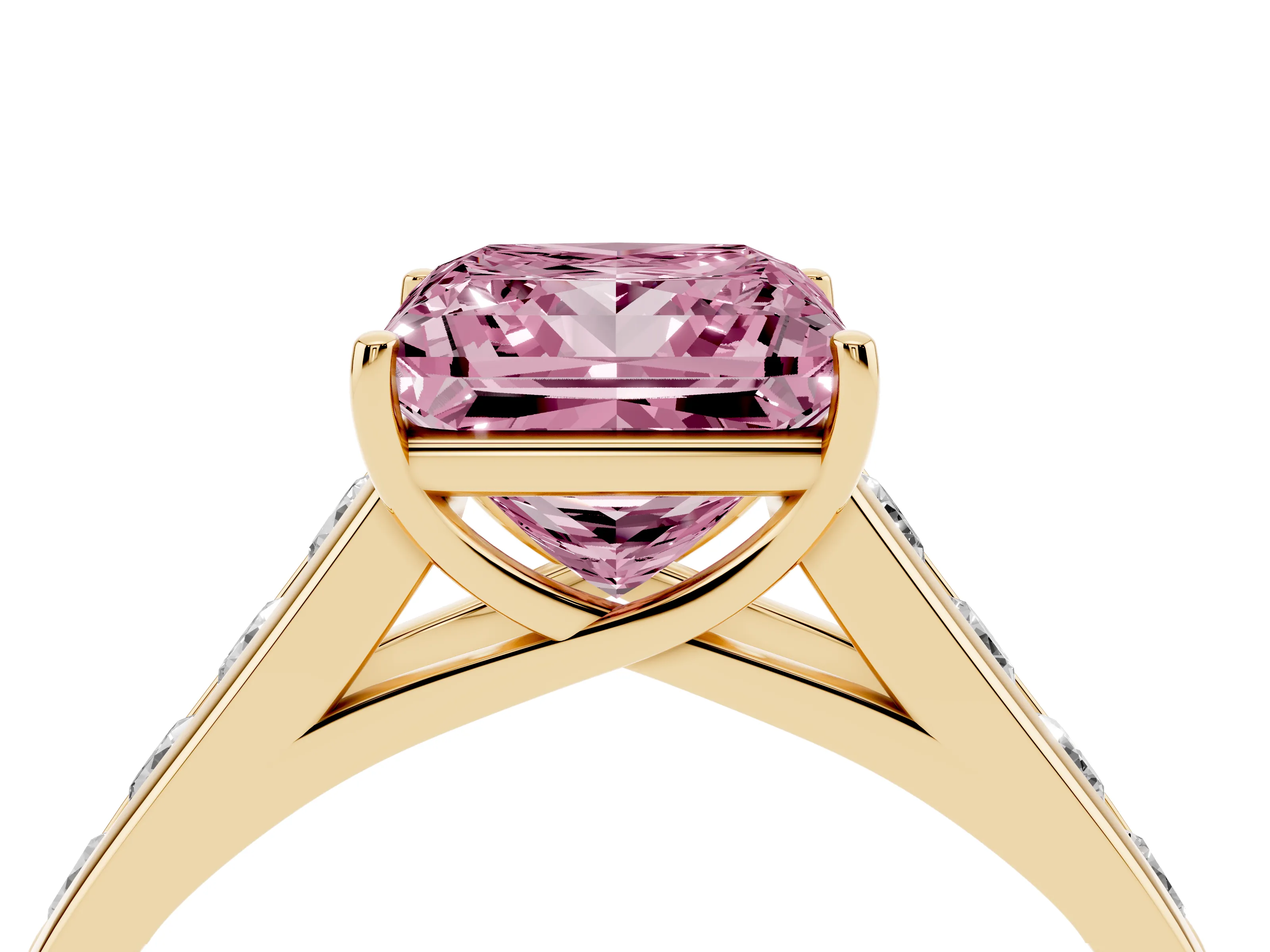 Fancy Pink Princess Cut Diamond Solitaire Channel-Set Engagement Ring Set in Yellow gold with Prong Setting