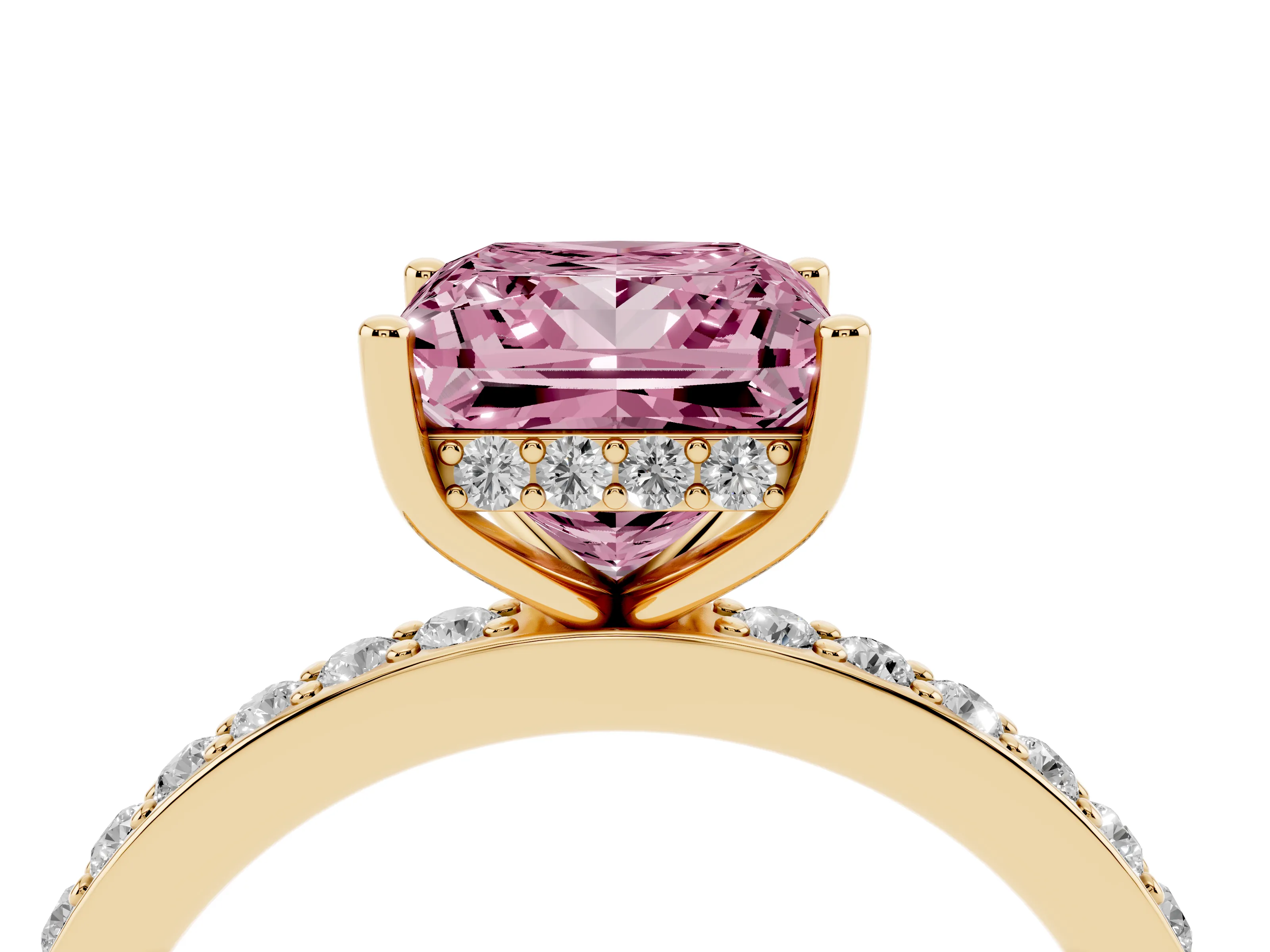 Fancy Pink Princess Cut Diamond Pavé Band Ring Set in Yellow gold with Prong-Set Center Stone