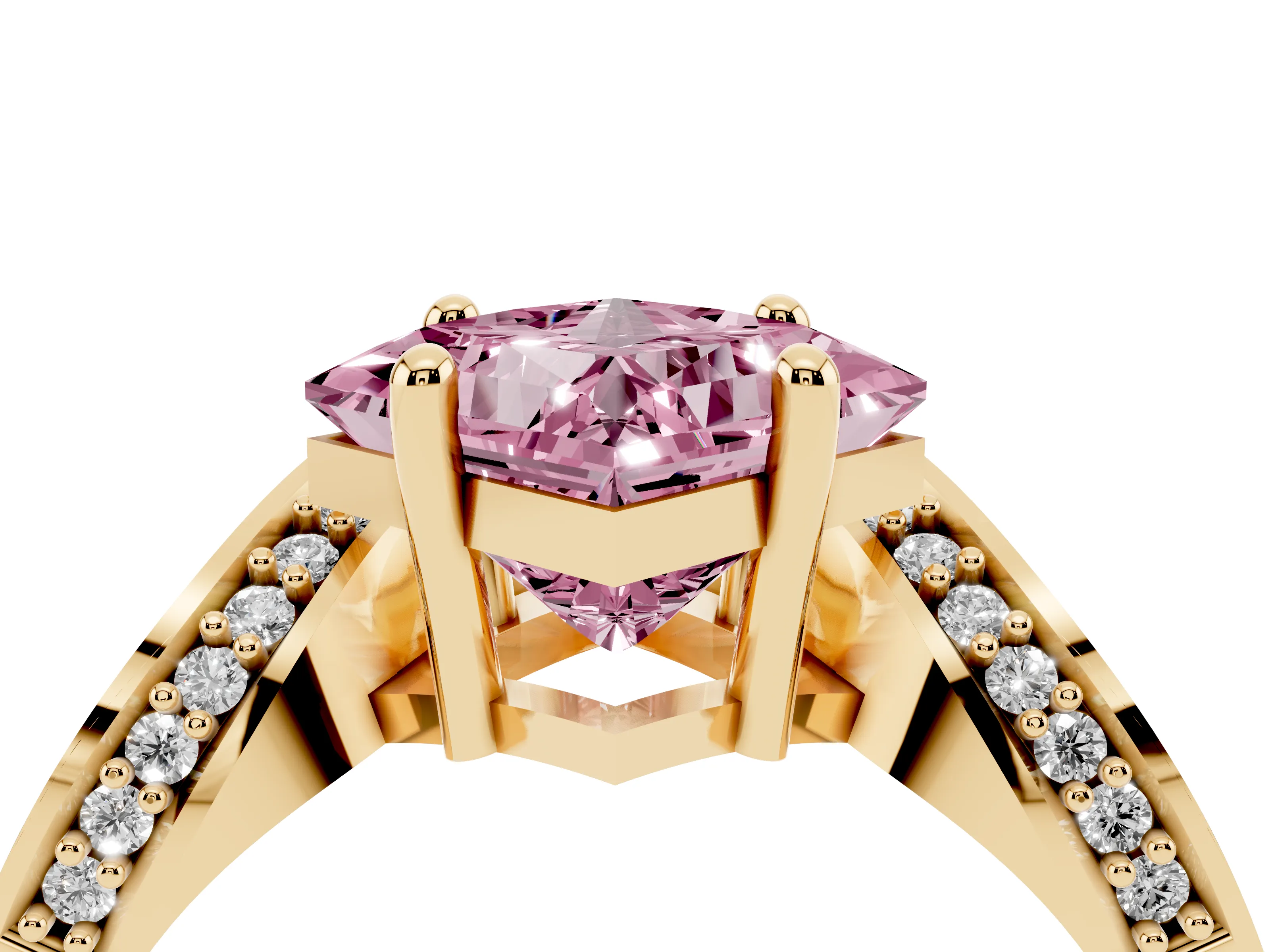 Fancy Pink Princess Cut Diamond Solitaire Engagement Ring Set in Yellow gold with Pavé Shoulders