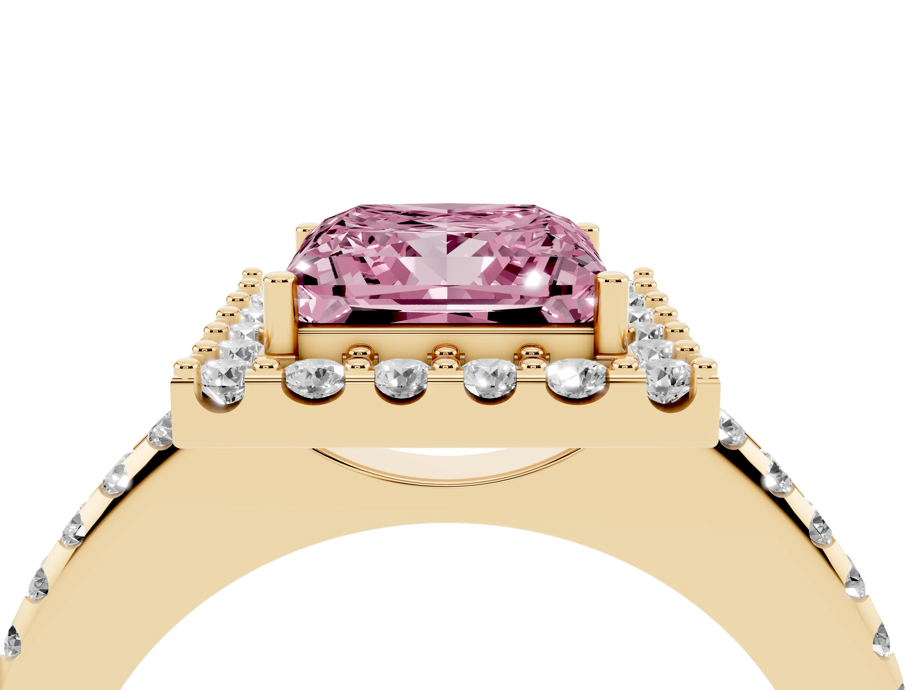 Fancy Pink Princess Cut Diamond Pavé Halo Ring Set in Yellow gold with Prong Setting