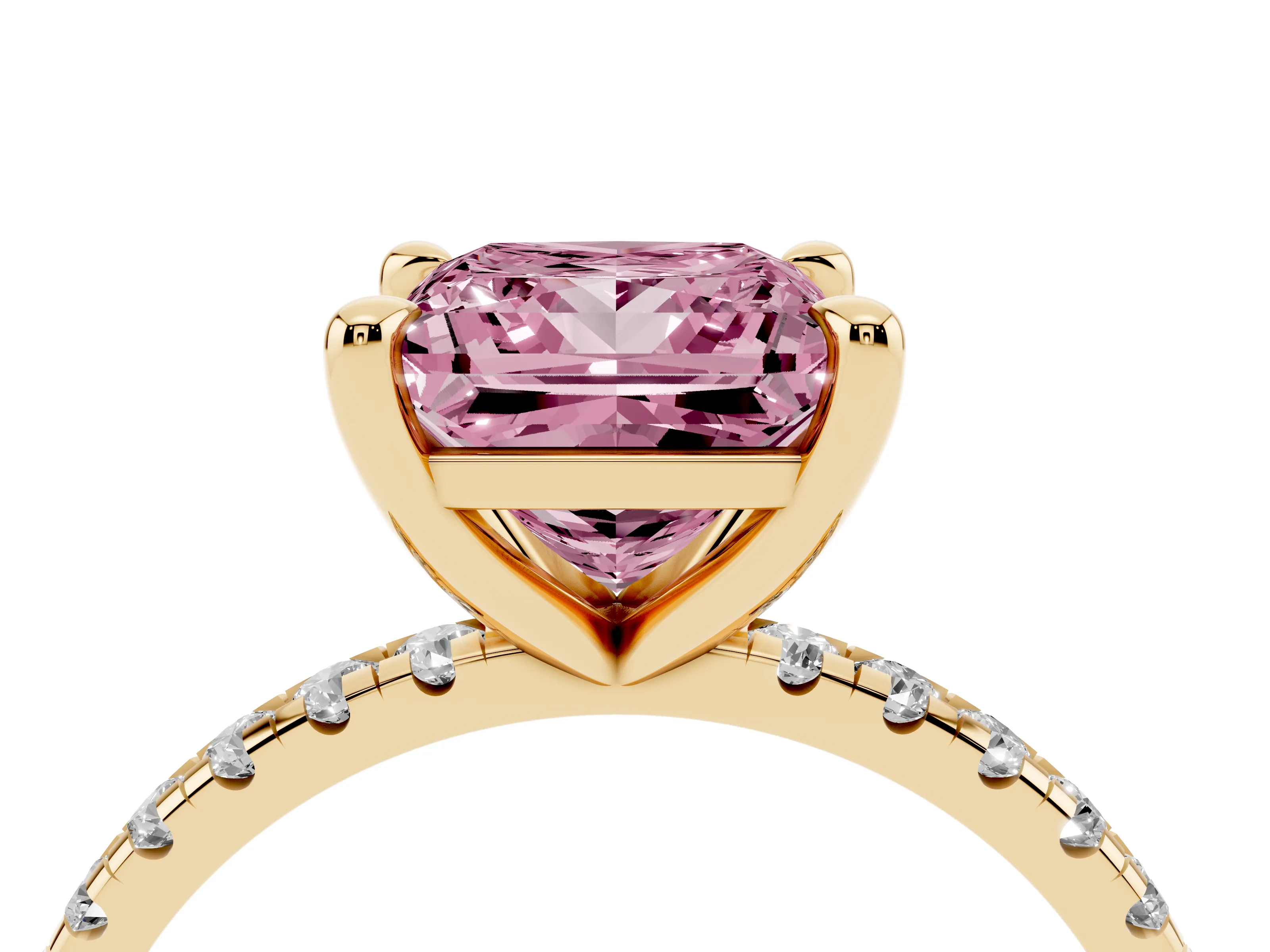 Fancy Pink Princess Cut Diamond Brilliant Solitaire Ring Set in Yellow gold with Pavé Band and Prong Setting